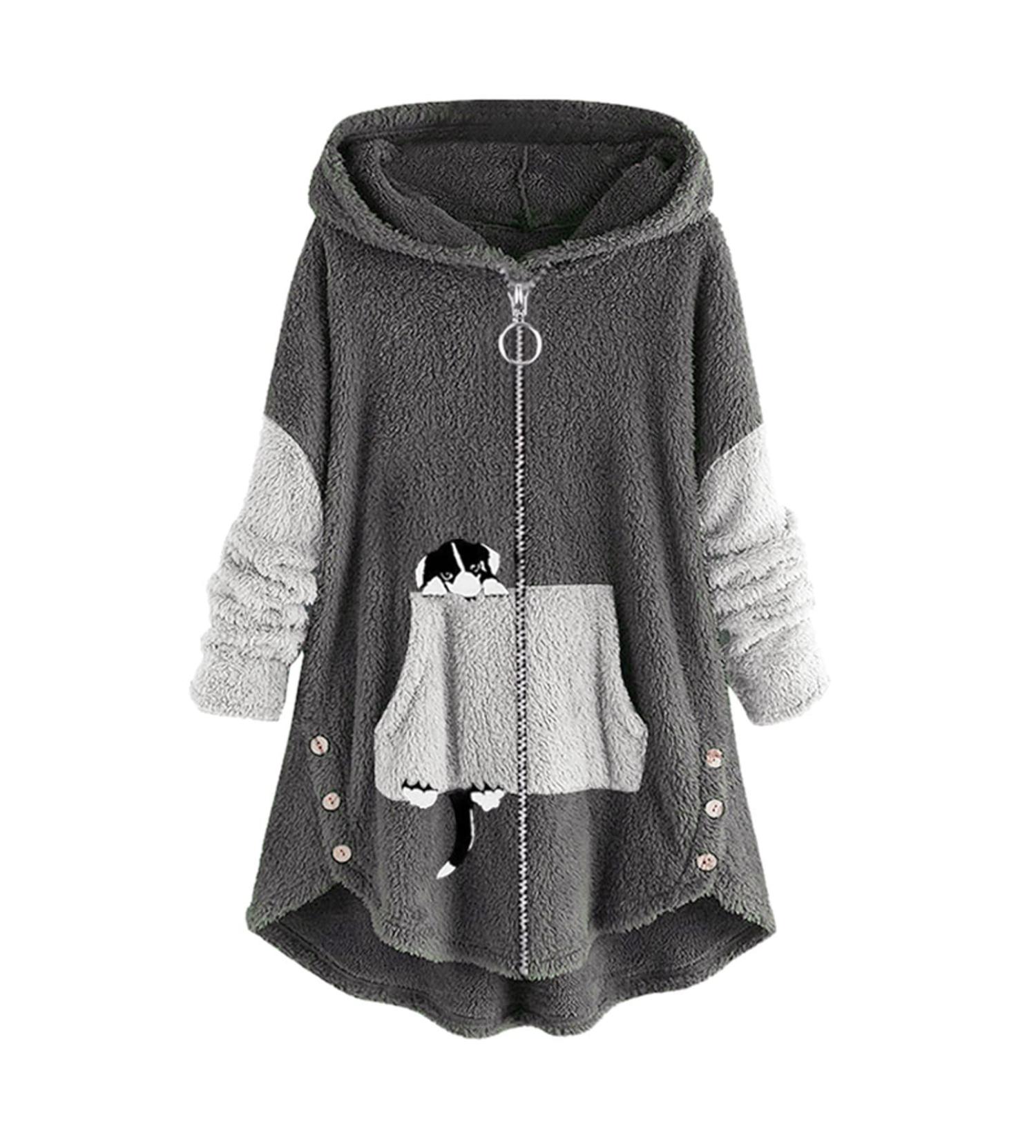 Hanxiulin Women's Fleece Plush Zipper Jacket - Warm Long Hooded Cardigan & Bomber Coat - 3XL Dark Gray - Cozy Winter Outerwear for All Sizes - Buy Online on GoSupps.com