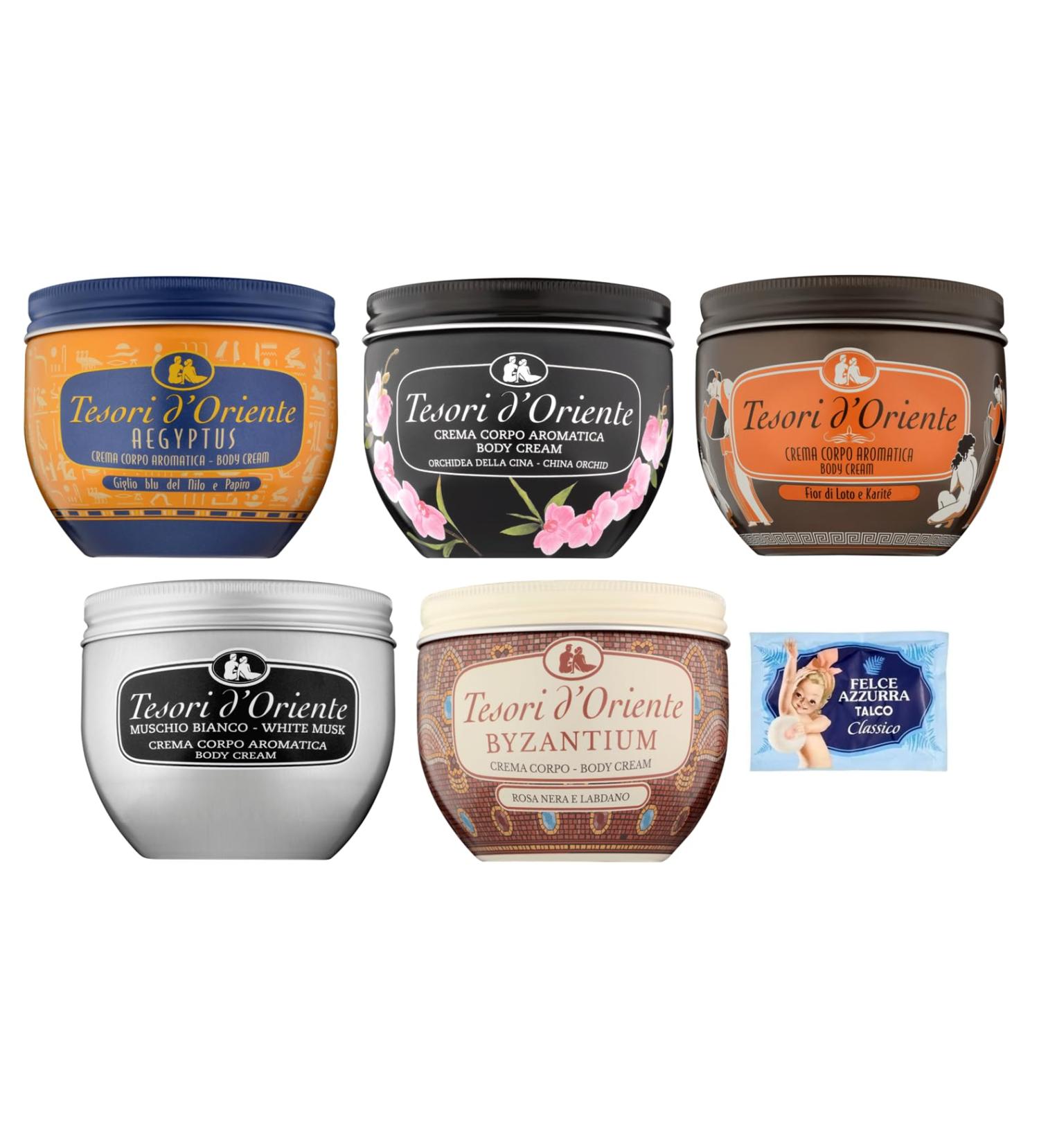 Tesori d'Oriente Byzantium Body Cream 5 Pack Byzantium Test Pack Aegyptus Orchid Lotus Flower White Musk Body Cream 300 ml + 1 Free Felce Azzurra Talc Sachet  - Buy Online on GoSupps.com