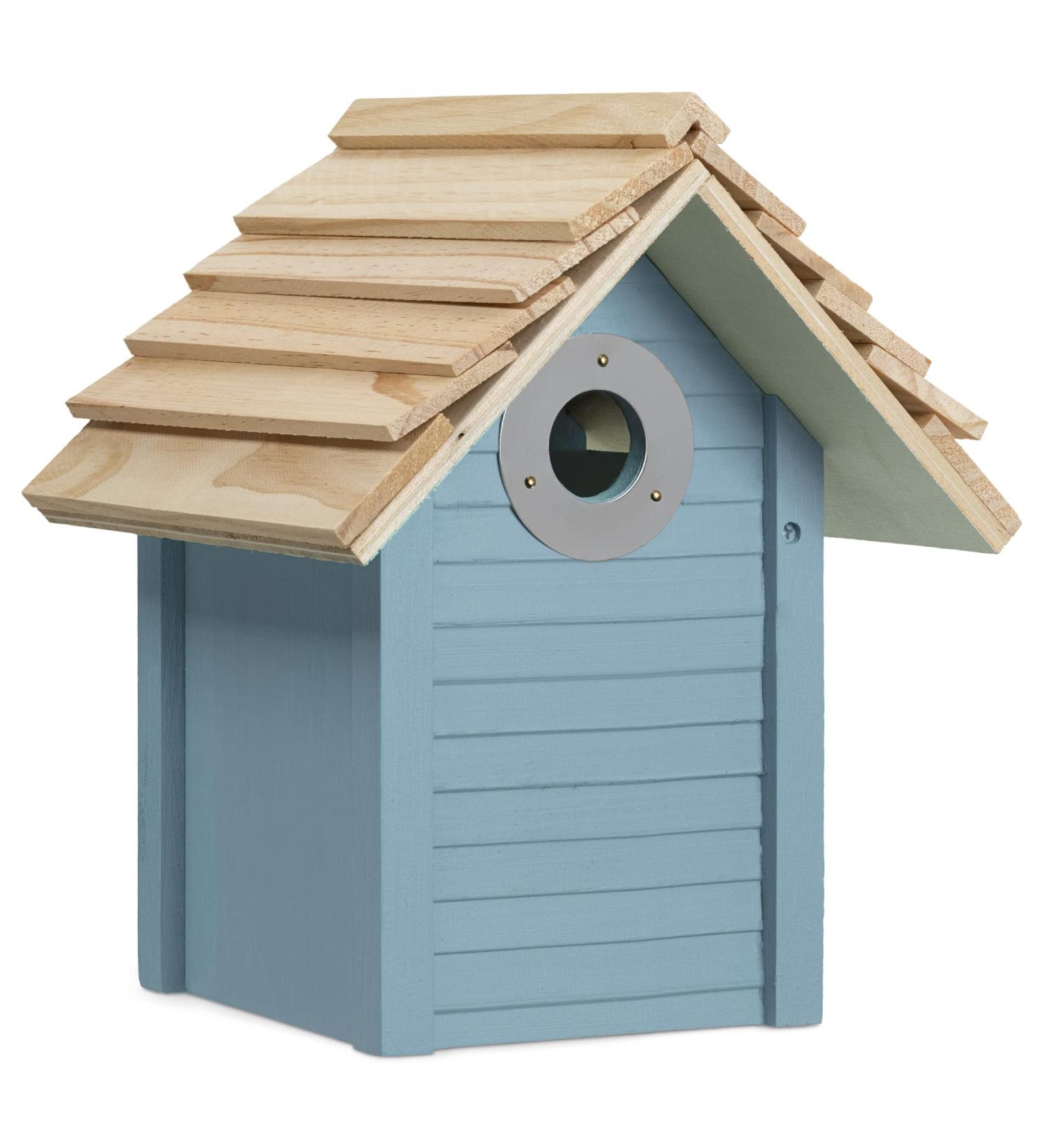 Navaris Wooden Bird House - Garden Nesting Box for Small Birds - Pine Wood Birdhouse - Real Wood Nester Cabin for Robins Blue Tits Sparrows - Blue - Buy Online on GoSupps.com