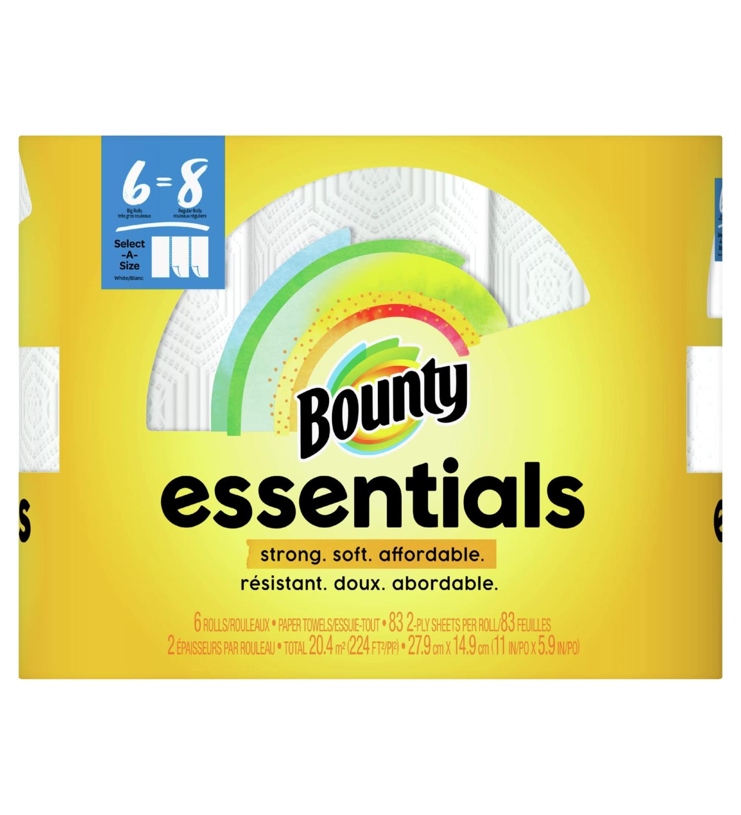 Bounty Essentials 2-Ply Paper Towels  Select-A-Size  11" x 5 7/8"  White  83 Sheets Per Roll  Carton Of 6 Rolls - Buy Online on GoSupps.com