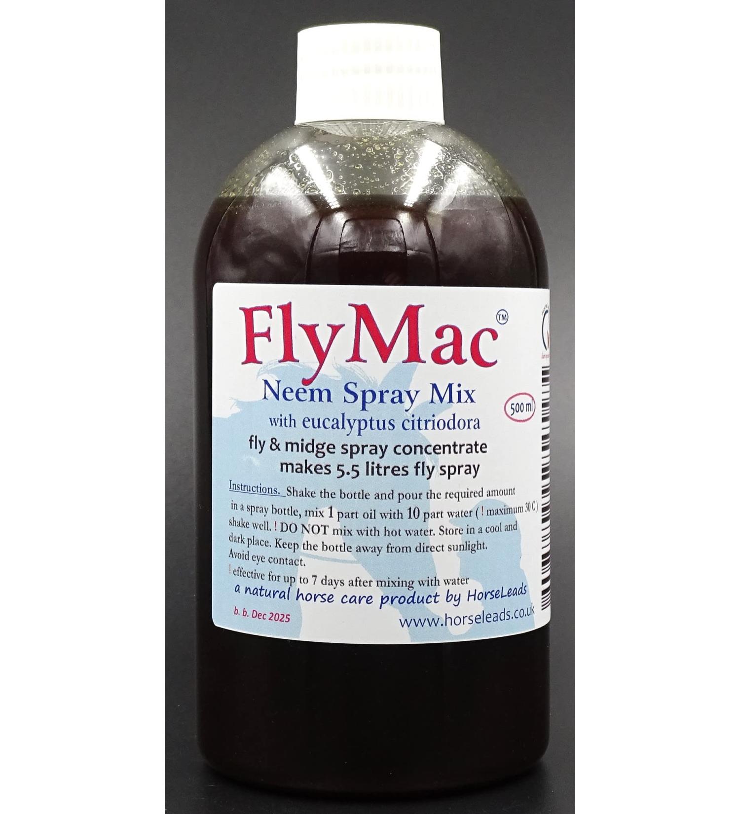 FlyMac Neem & Eucalyptus Spray Concentrate 500ml makes 5.5 ltrs Horse Fly Spray