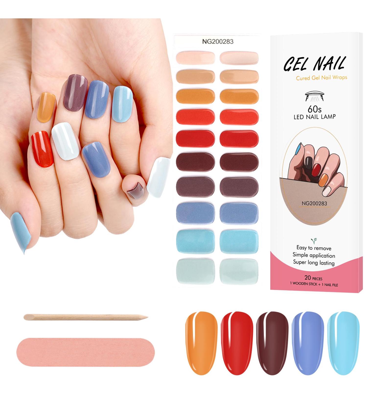 Kalolary 20PCS Nail Adhesive Wrap Nail Gel Polish Strips Full Wraps Nail Polish Stickers Cured Gel Nail Strips Self-Adhesive Gel Nail Wrap Stickers Decals(UV/LED Lamp Required) (Colorful 2) - Buy Online on GoSupps.com