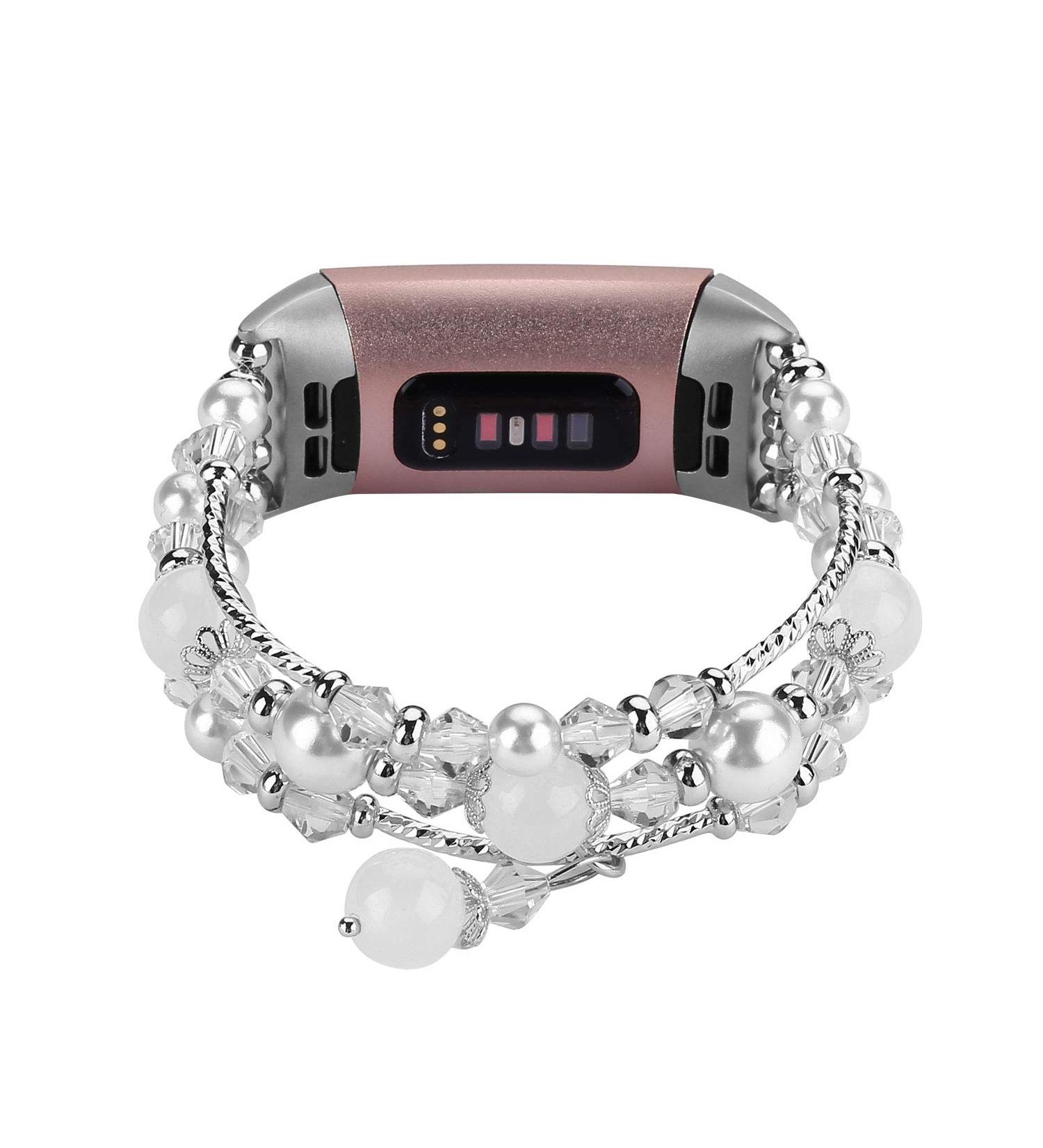 Jewelry Bands Compatible with Fitbit Charge 5 for Women Girls Handmade Elastic Beaded Pearl Replacement Fitness Accessories Handmade Smartwatch Waterproof Wristband  Silver Charge 5- Silver - Buy Online on GoSupps.com