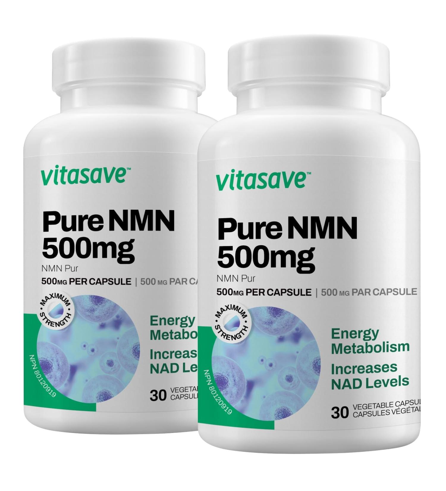 Vitasave NMN Capsules 500mg - Highest Potency Available - Premium Supplement - Cellular Health - Boost NAD+ Supports Longevity - 100% Pure - Fast Absorption - 60ct (500mg (pack of 2x30)) 30 count (Pack of 2) - Buy Online on GoSupps.com