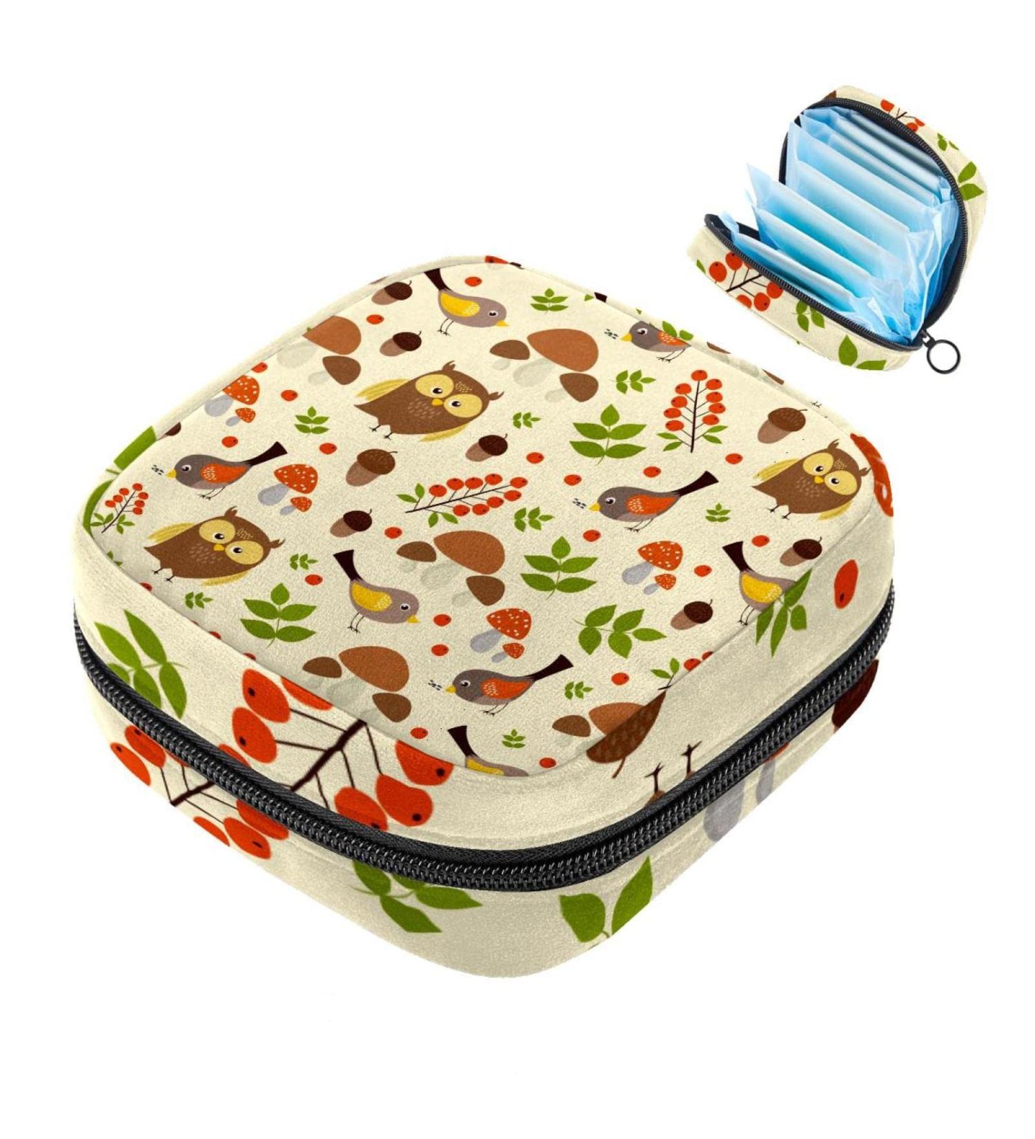 Forest Owl Mushroom Pattern Menstrual Cup & Sanitary Napkin Storage Bag - Portable Zip Pouch for Teens & Women | Eco-Friendly Design - Buy Online on GoSupps.com