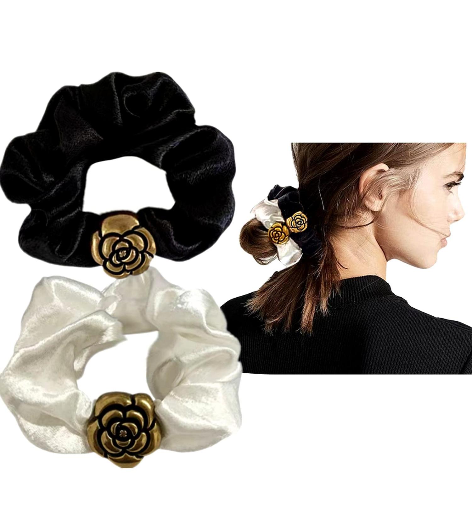 BIBILAN 3-Piece Vintage Cord Scrunchies Set Stylish Floral Fabric Hair Ties for Women | Retro Elastic Hair Accessories in White and Black - Buy Online on GoSupps.com