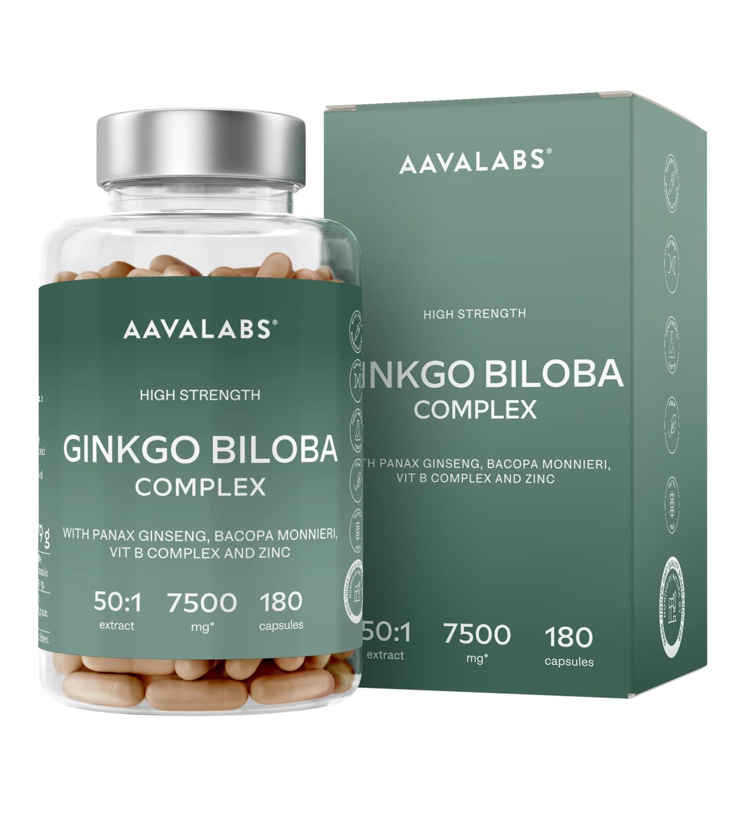 Ginkgo Biloba 7500mg 50:1 avec Panax Ginseng Rouge de Cor e Bacopa Monnieri Zinc Vitamine B Complex - Nootropique Puissant Circulation Sanguine Memoire et Concentration Energie - 180 Capsules - Buy Online on GoSupps.com