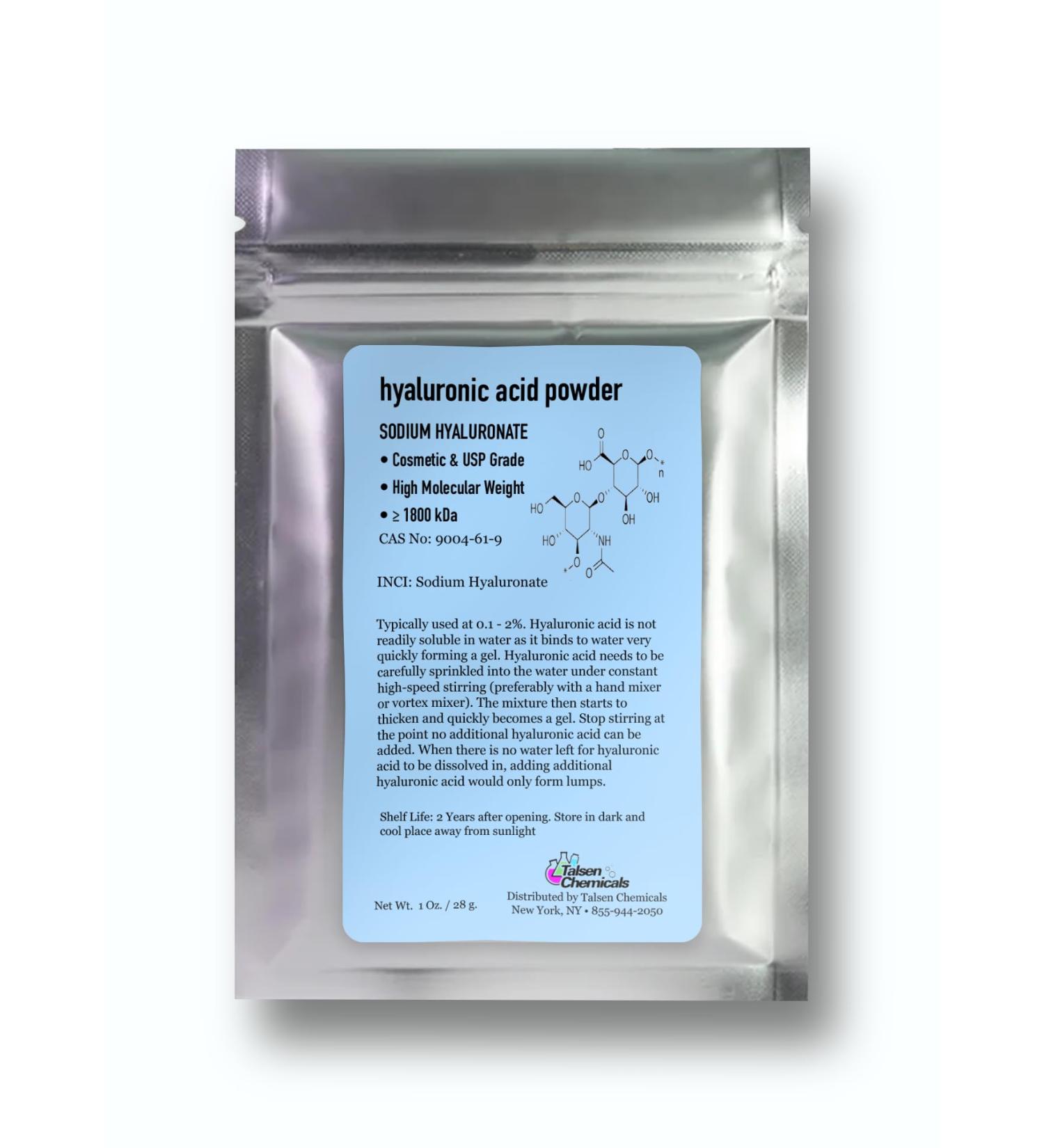 Talsen Chemicals Pure Hyaluronic Acid Powder (1 oz. / 28 grams) 1800 kDa+ Natural Cosmetic Grade Hyaluronic Acid High Molecular Weight Powder DIY Serums - Buy Online on GoSupps.com