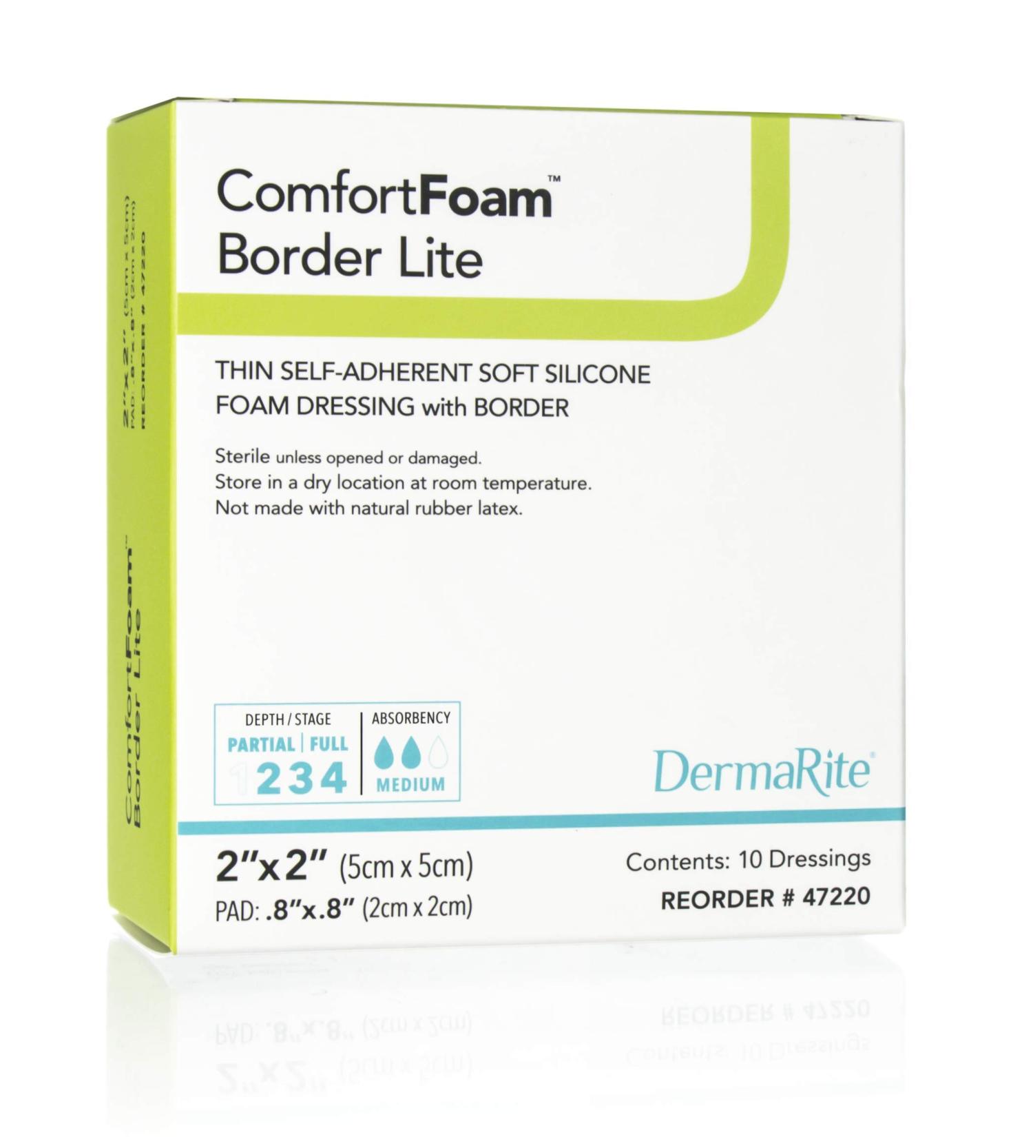 Dermarite Industries Comfort Foam with Border Lite Thin Foam with Silicone 2x2 10 Count Lite Thin Foam With Silicone 2x2 10 Count