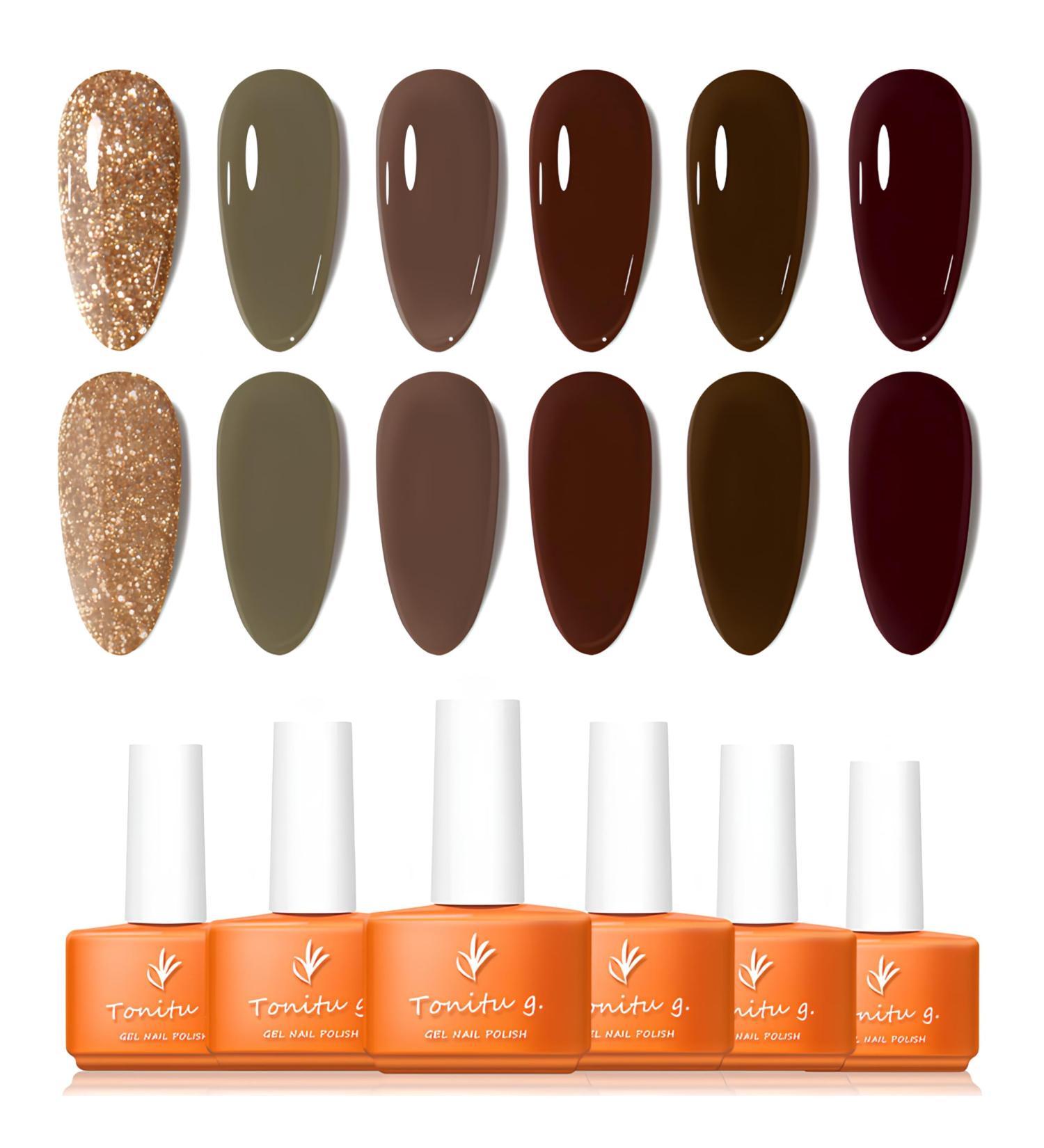 Tonitu G Gel Nail Polish Set 6 Colors Gel Polish Kit Glitter Gold Beige Deep Brown Chocolate Burgundy Nail Art Design Soak Off LED at Manicure DIY Home Salon Gifts for Women Girls Cozy Browns - Buy Online on GoSupps.com