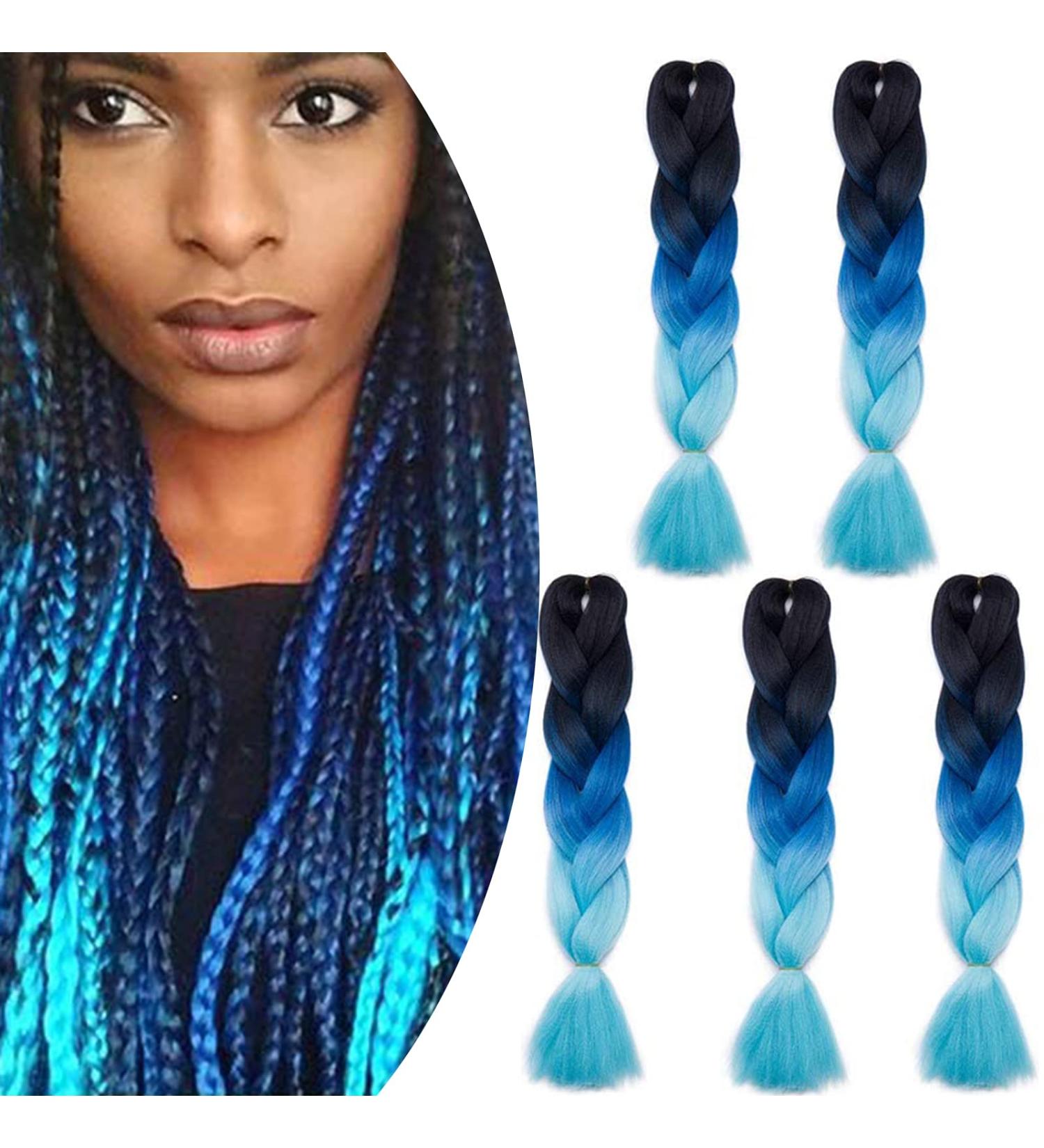 SEGO 5 Packs 24 Afro Braid Hair Extensions - Crochet Synthetic Hair in Black Dark Blue & Light Blue | International Shipping - Buy Online on GoSupps.com