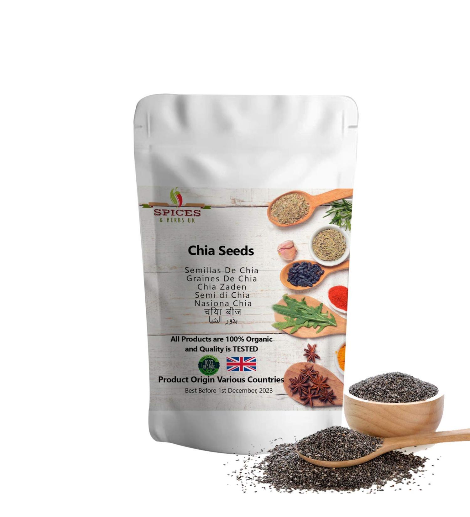 Organic Chia Seeds 500g - Premium Quality by Spices&herbsuk | High Protein Omega-3 Fibre | Raw Black, Perfect for Healthy Diets, Salads & Breakfast - Buy Online on GoSupps.com