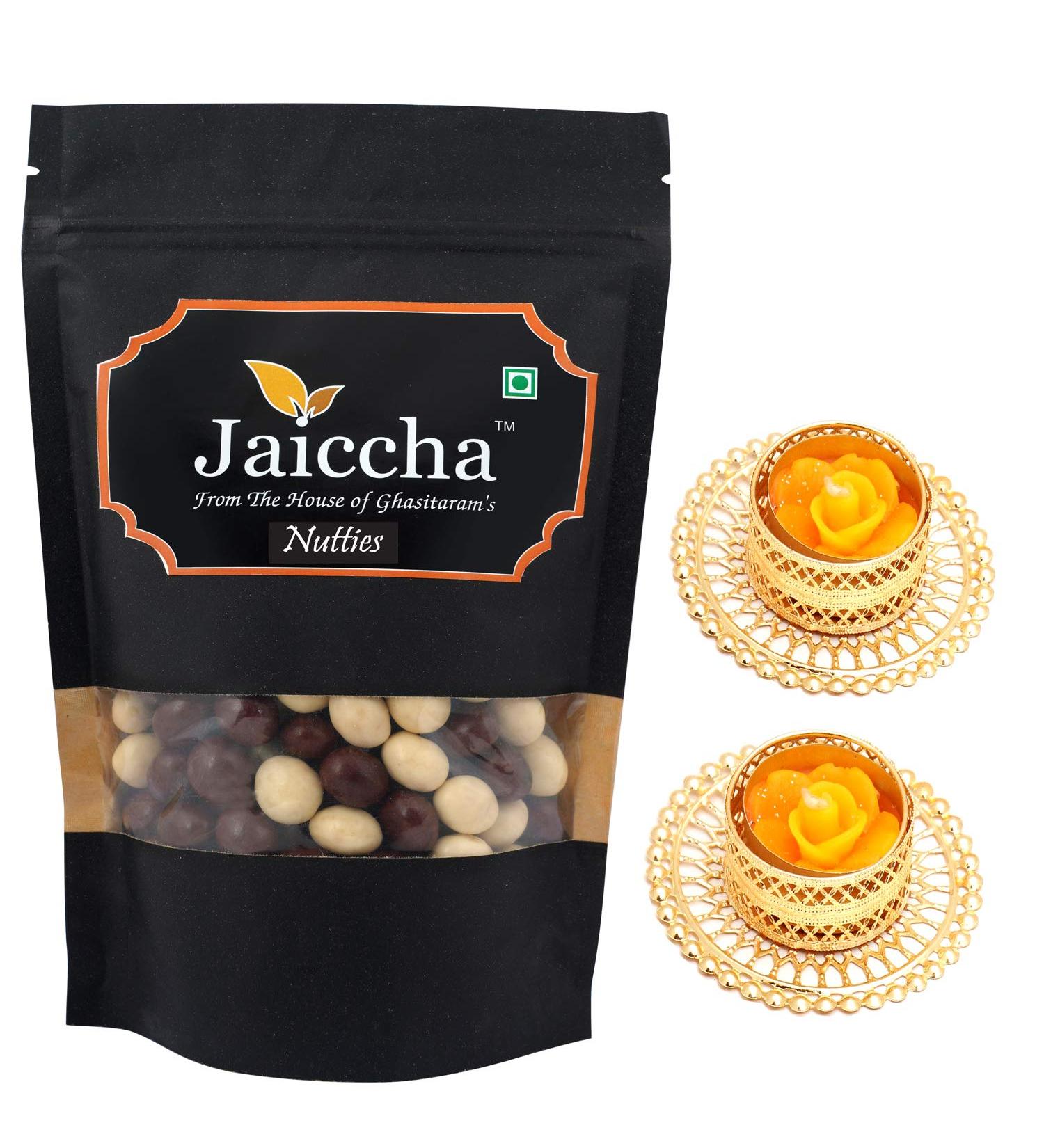 Jaiccha Ghasitaram Diwali Gifts Chocolate - Nutties 200 GMS in Black Paper Pouch with 2 T-Lites - Buy Online on GoSupps.com