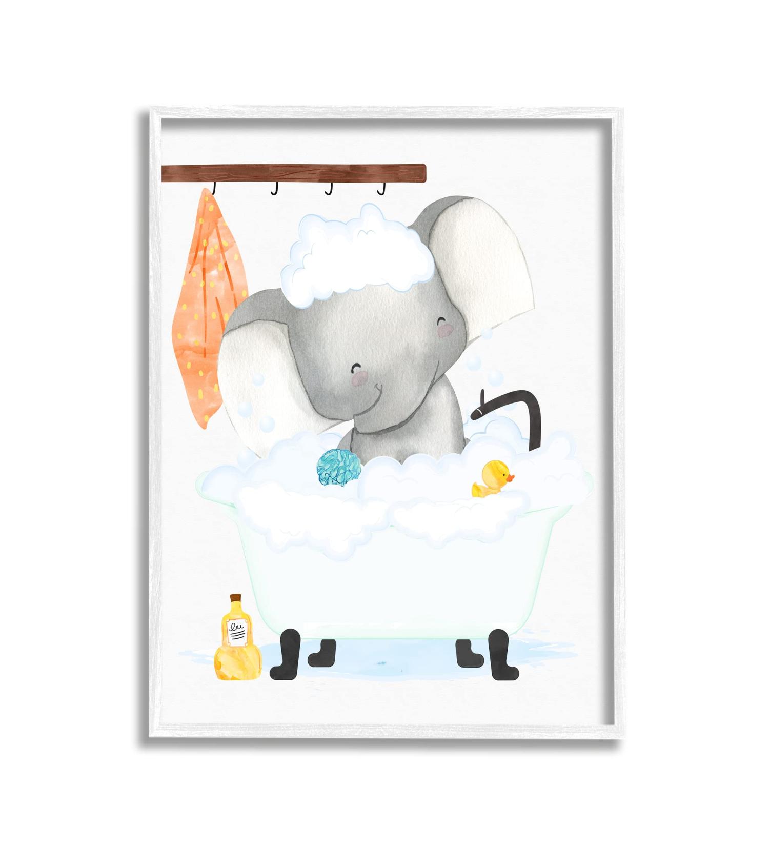 Stupell Industries Baby Elephant Bubble Bath Rubber Duck Wall Art - White Framed - Buy Online on GoSupps.com