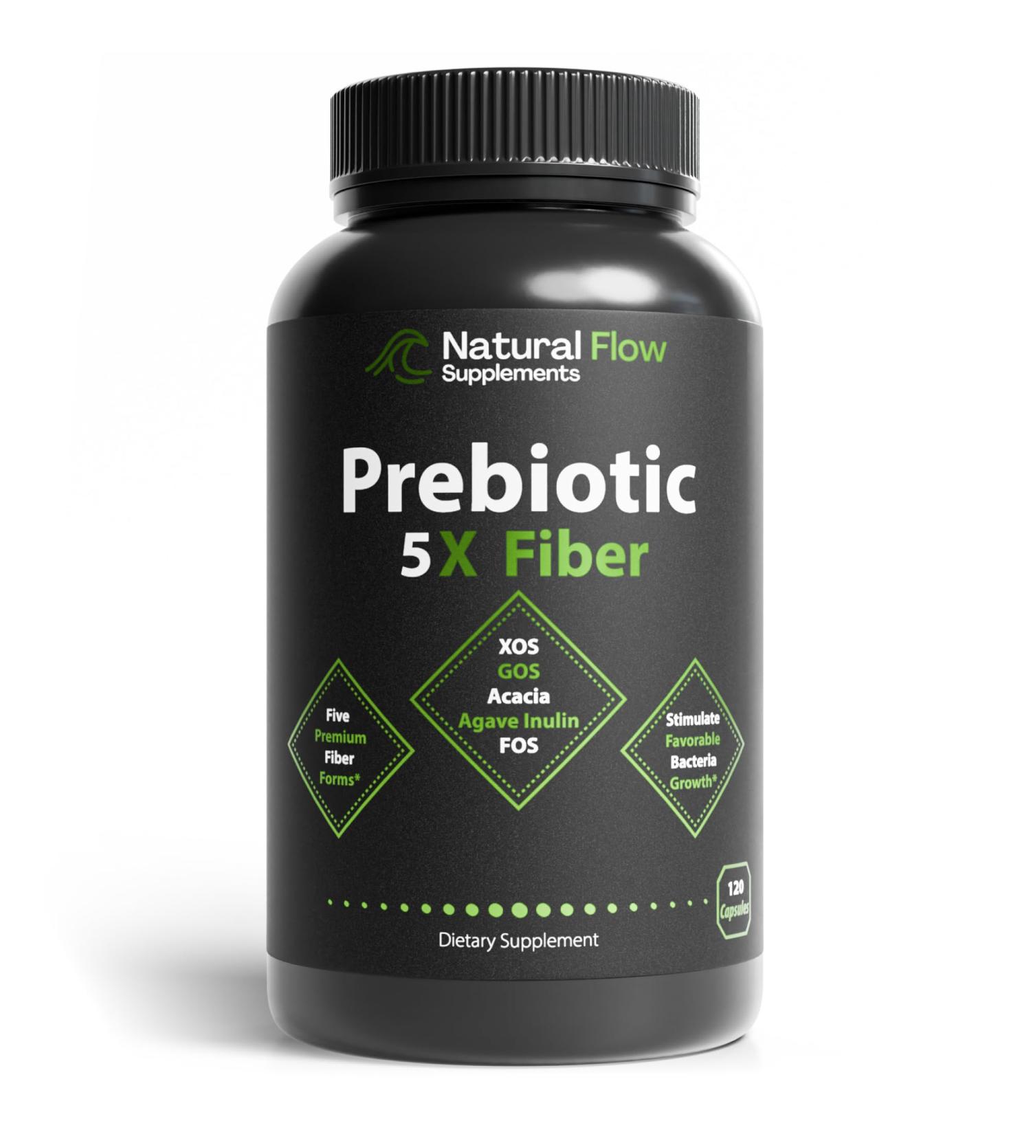 Prebiotic Fiber Supplement 5-in-1 Capsules - Natural Flow 5X Fiber XOS, GOS, FOS, Acacia and Agave Inulin, Daily Soluble Fiber Formula for Gut Support and Boost Good Bacteria Diversity, 120 Caps - Buy Online on GoSupps.com