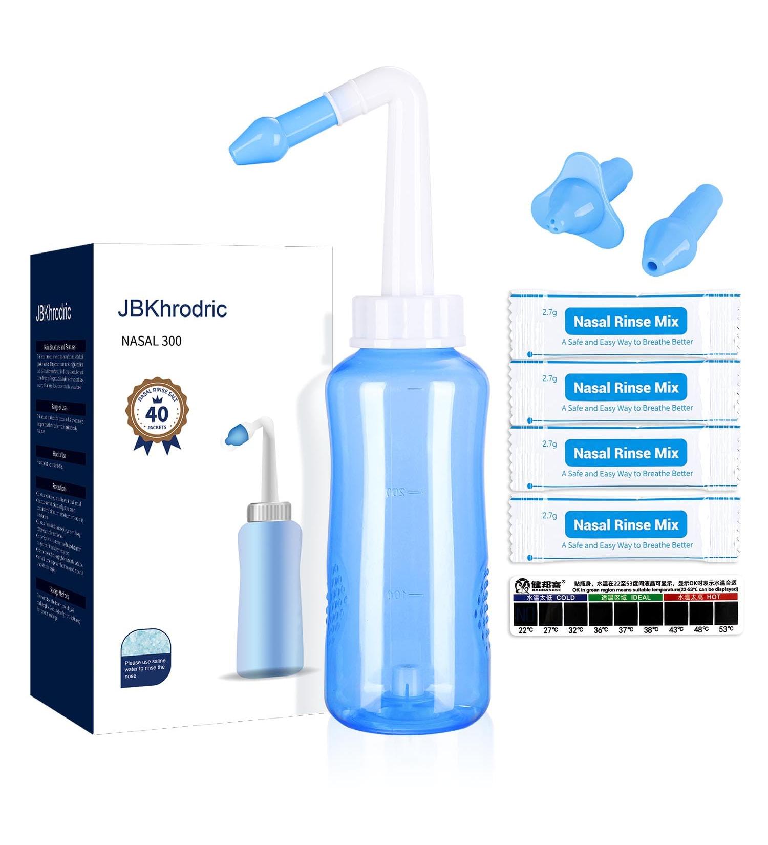 JBKhrodric Neti Pot Sinus Rinse Bottle Nasal Wash Bottle Sinus Rinsing Cleaner Pressure Rinse Nasal Irrigation with Sticker Thermometer for Adult & Kid (300ml with 40 Nasal Wash Salt Packets) - Buy Online on GoSupps.com