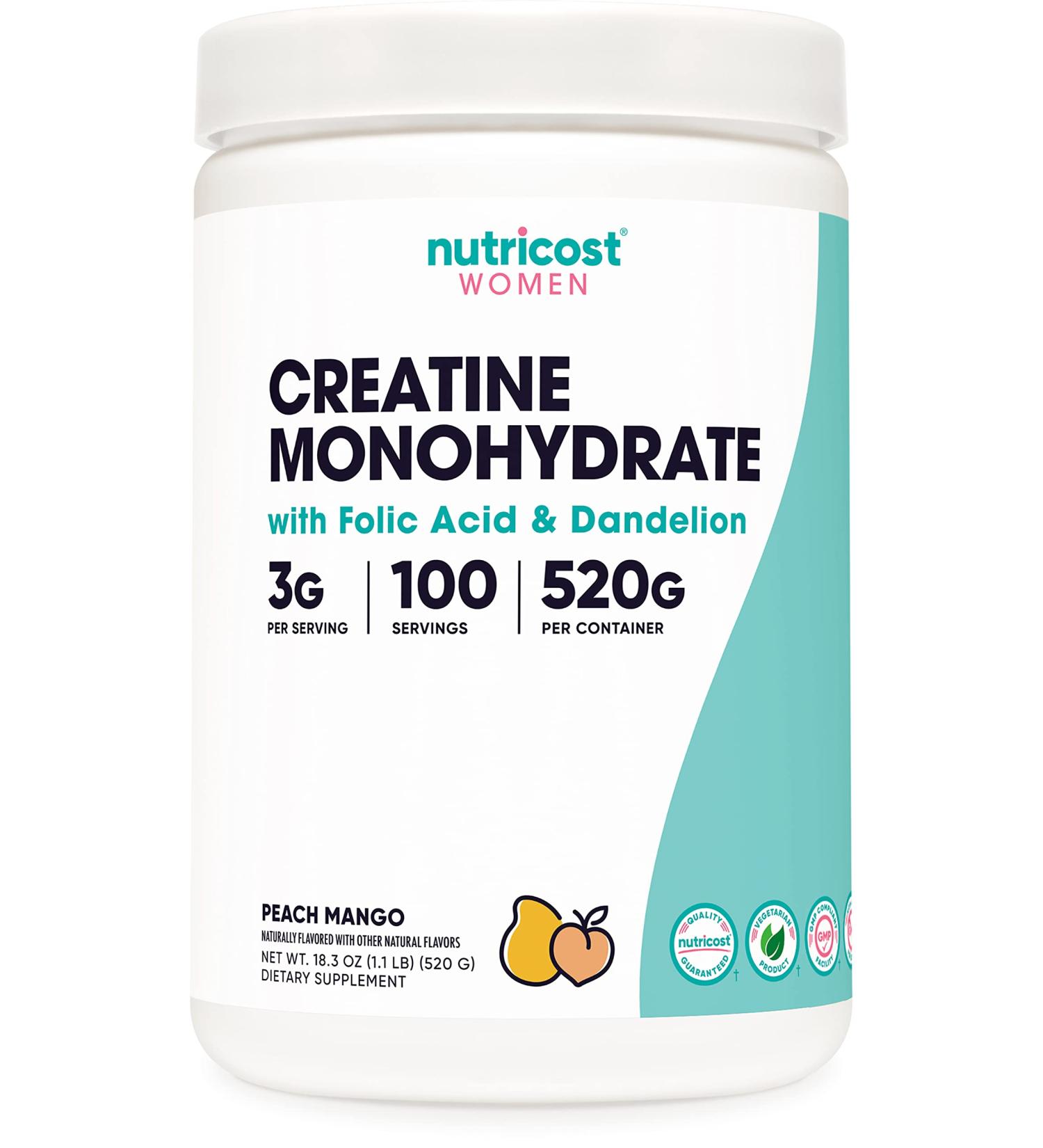Nutricost Creatine Monohydrate Powder for Women - Peach Mango Flavor, 100 Servings - Vegetarian, Non-GMO, Gluten Free - Buy Online on GoSupps.com