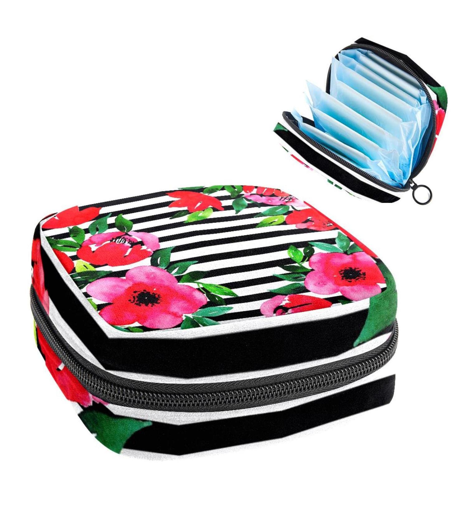 Floral Stripe Sanitary Napkin Storage Bag | Menstrual Cup Pouch | Nursing Pad Holder | Portable Period Bag for Women and Teen Girls - Multi-colored - Buy Online on GoSupps.com