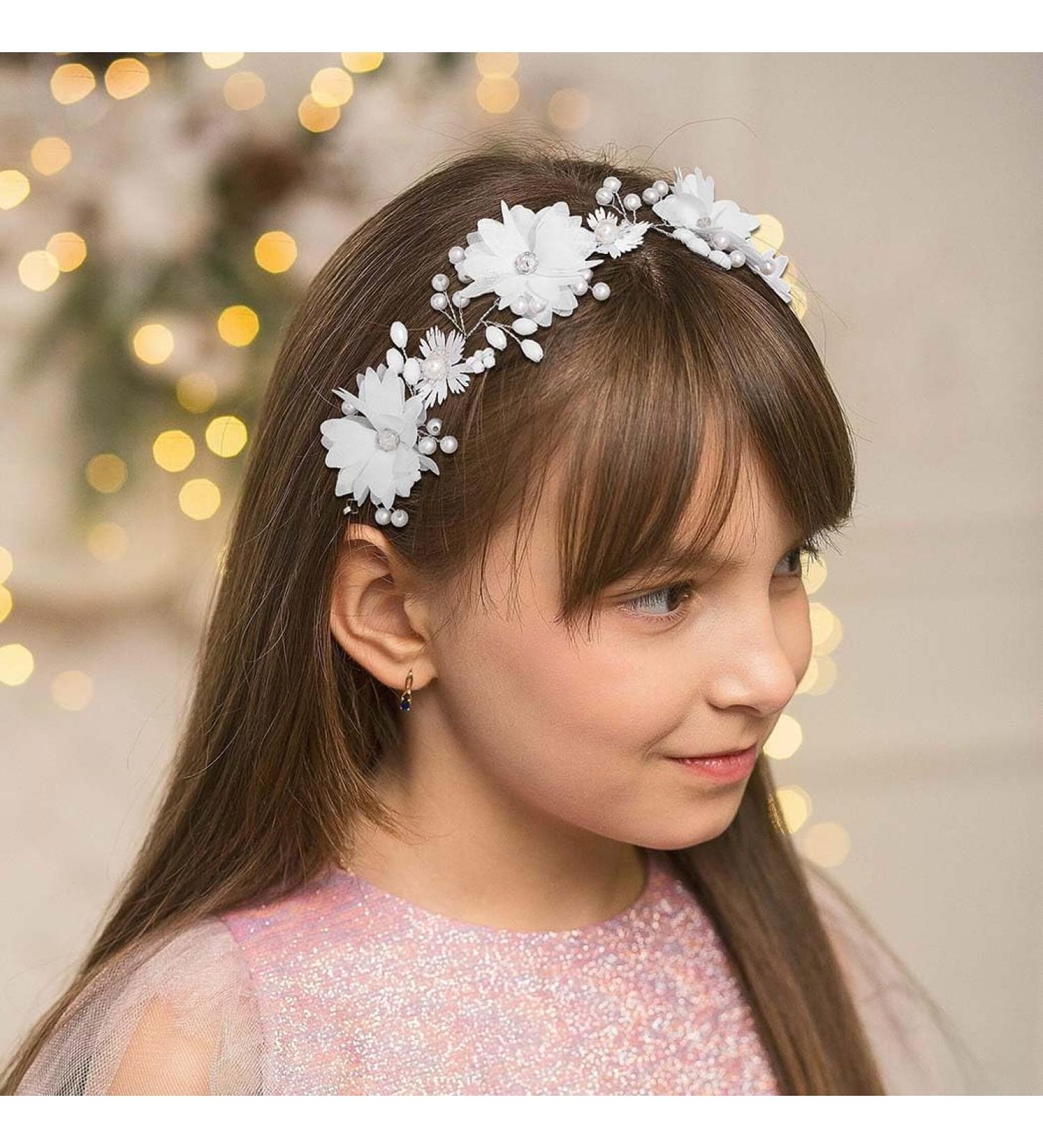 IYOU Flower Girl Headpiece Floral White Headbands Pearl Wedding Hair Vines Bridal Communion Hair Accessories for Girls - Buy Online on GoSupps.com