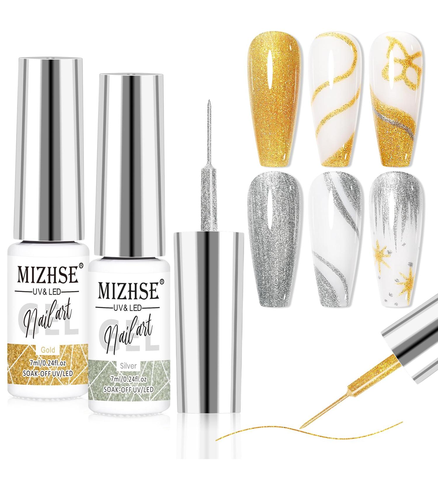 MIZHSE Gel Liner Nail Art Polish Set Glitter Gold and Silver Gel Painting For Nails Art Swirl Nails Design Dotting Painting French Manicure Kit 7Ml Glitter Silver&gold 7 ml (Pack of 2) - Buy Online on GoSupps.com