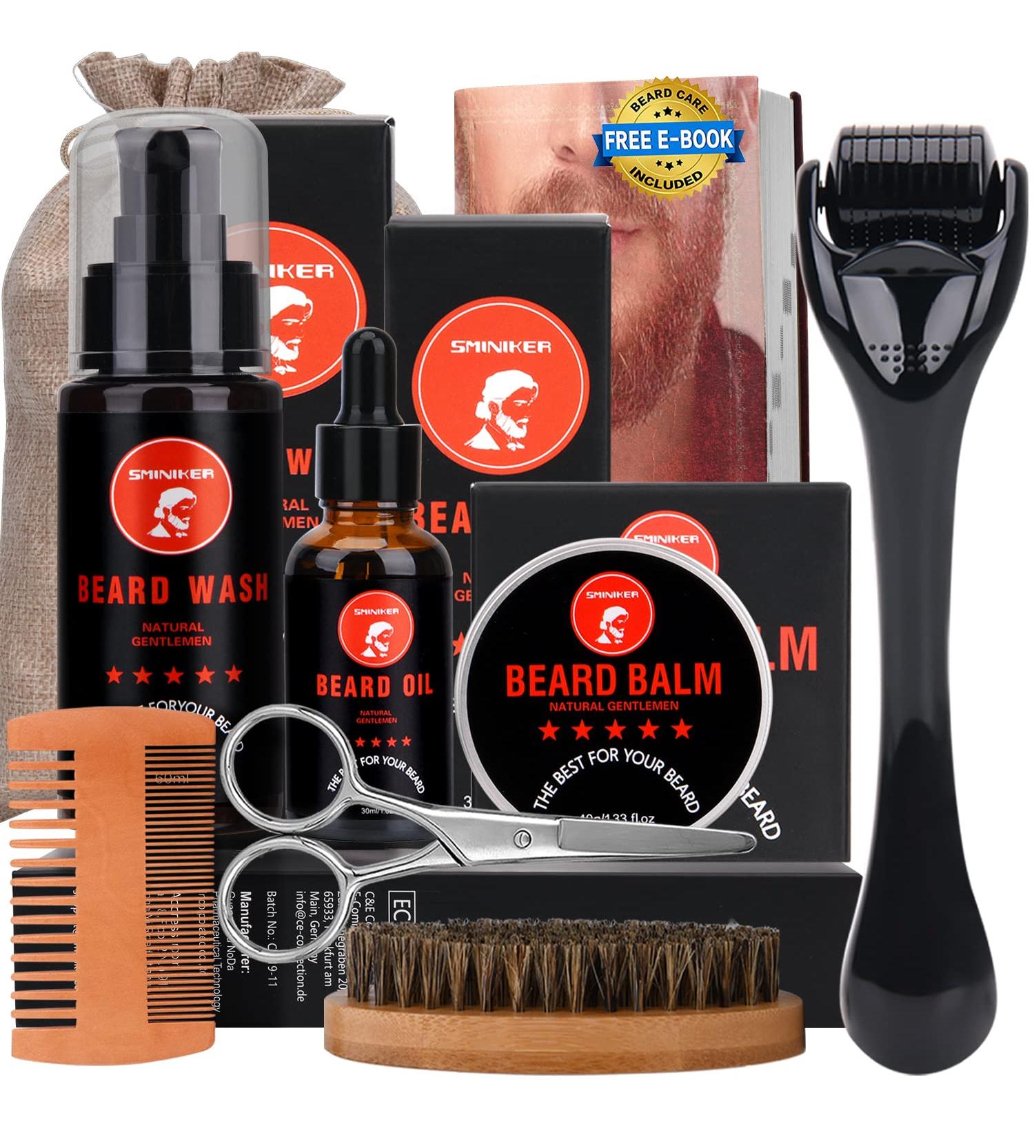 Beard Grooming Kit with Roller, Oil, Balm, Wash, Brush, Comb, Scissors - Men's Beard Care Set - Buy Online on GoSupps.com