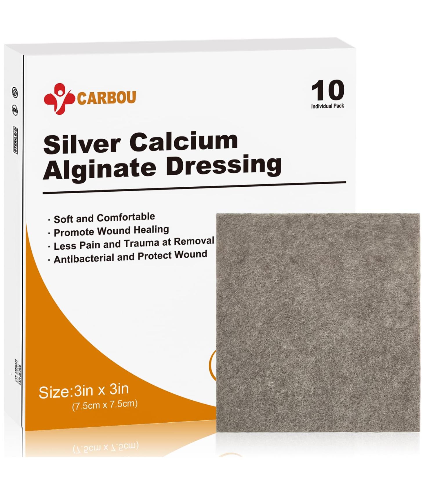 Carbou Silver Calcium Alginate Wound Dressing with Ag - 3x3 Patches | 10 Sterile Highly Absorbent Non-Stick Pads - Ideal for Effective Wound Care - Buy Online on GoSupps.com