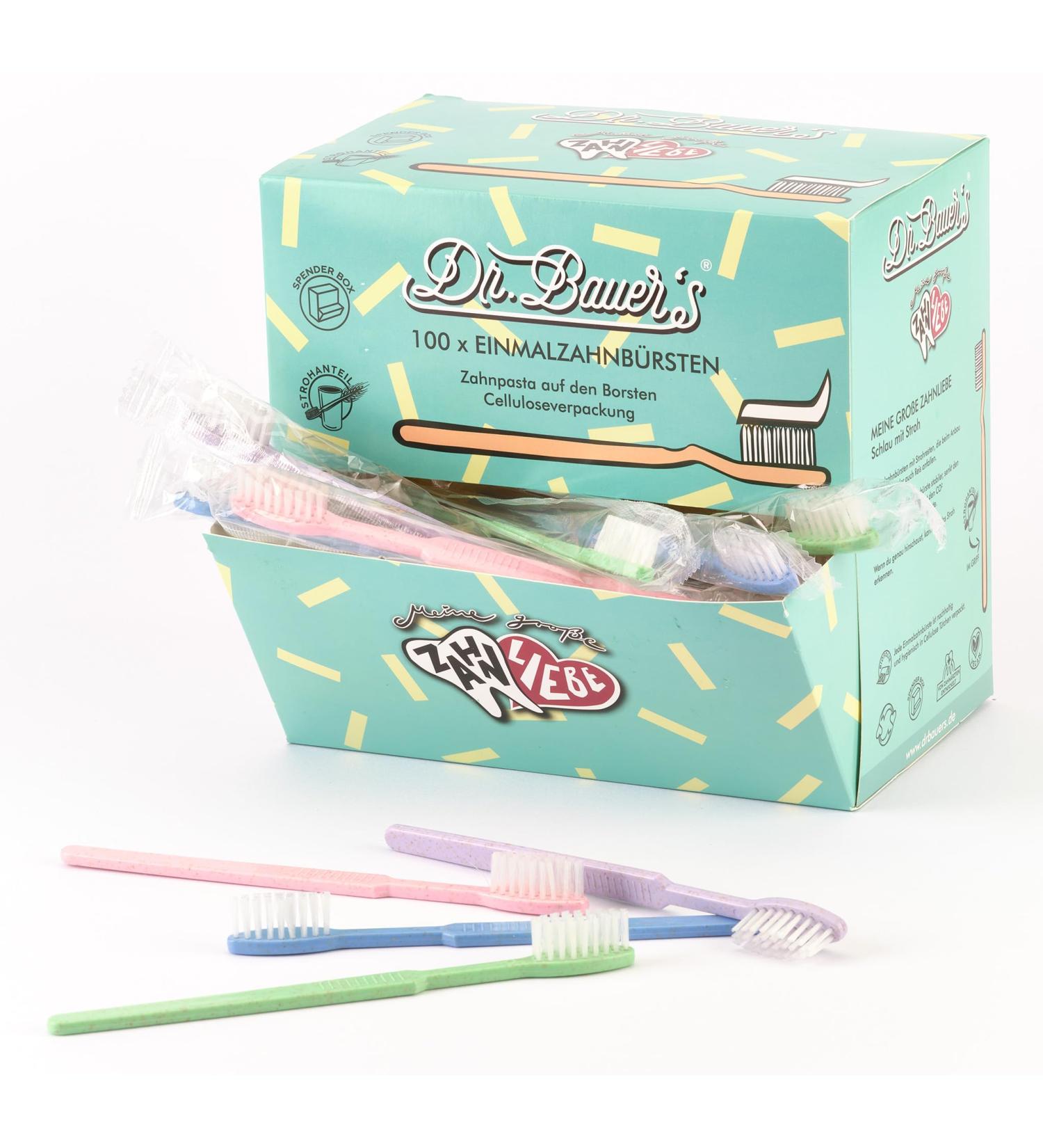 Dr. Bauer's 100 Pack Disposable Toothbrushes with Toothpaste | Eco-Friendly Travel & Hotel Toiletries | Sustainable Colors: Violet Green Blue Red - Buy Online on GoSupps.com