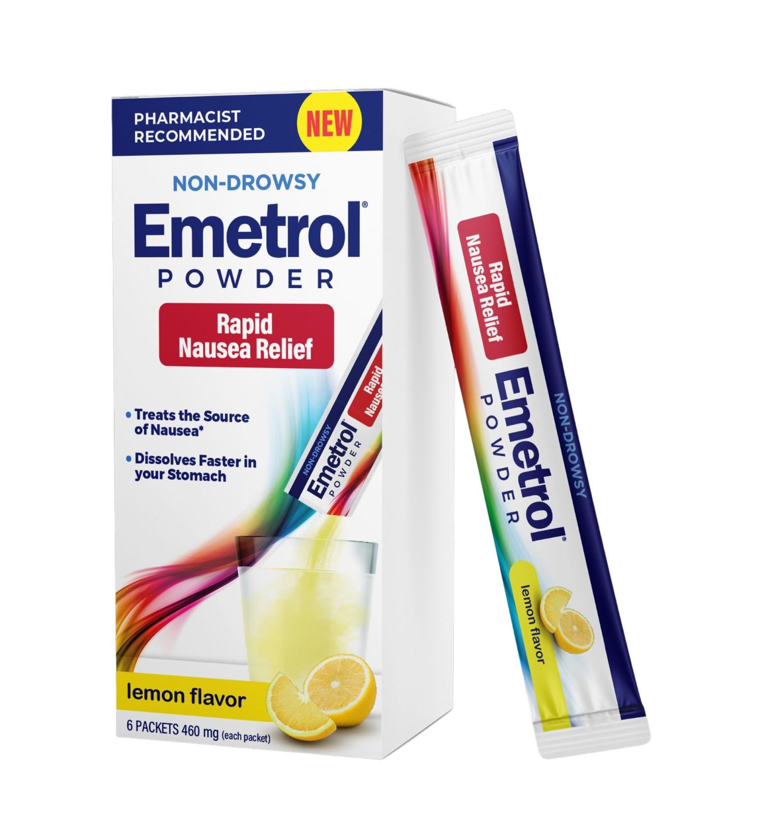 Emetrol Non-Drowsy Nausea Relief Powder Mix - Electrolyte Drink Mix for Rapid Upset Stomach & Nausea Relief Morning Recovery & Hydration - Lemon Flavor - 6 Packets 6 Count - Buy Online on GoSupps.com