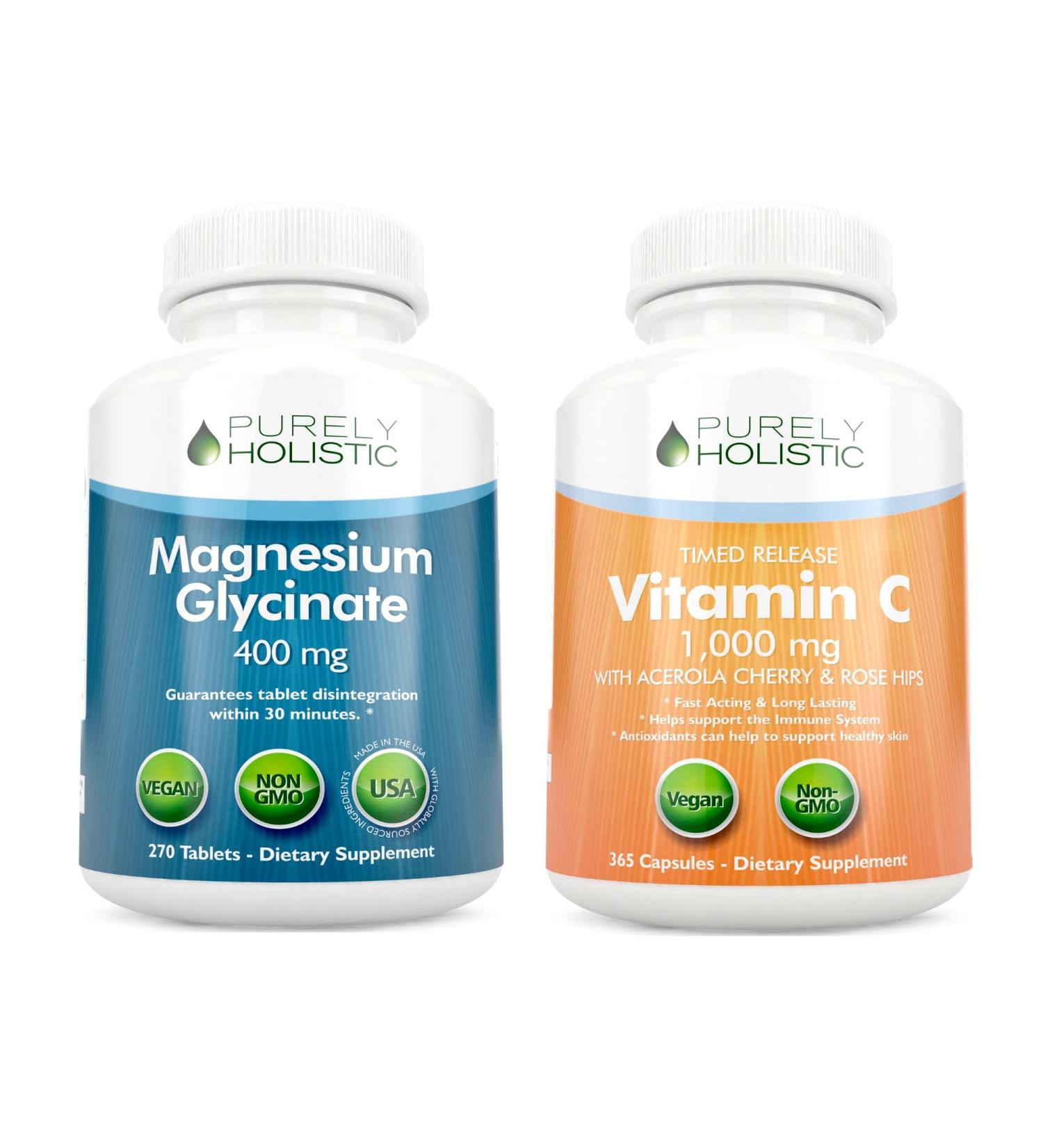 Magnesium Glycinate 400mg + Vitamin C 1000mg Bundle - Vegan - 270 Tablets & 365 Capsules - Buy Online on GoSupps.com