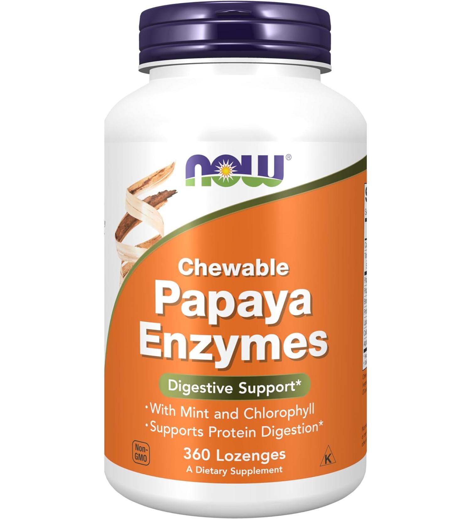 NOW Papaya Enzyme 360 Chewable Lozenges with Mint & Chlorophyll - Digestive Support - Buy Online on GoSupps.com