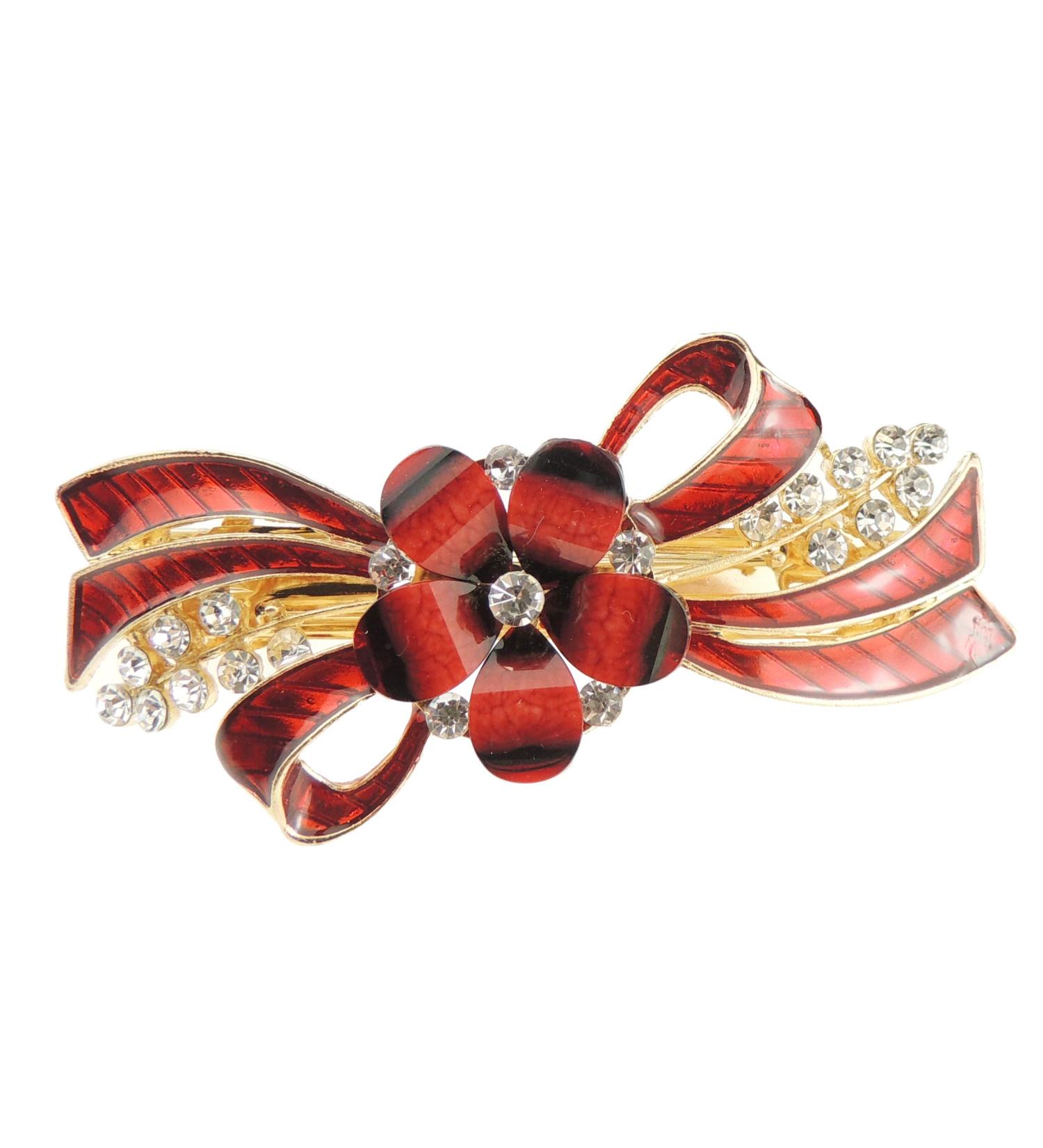 Ladies Enamel & Diamante Evening Occasion Stencil Hair Barrette Clip Daisy Ribbon (Red)