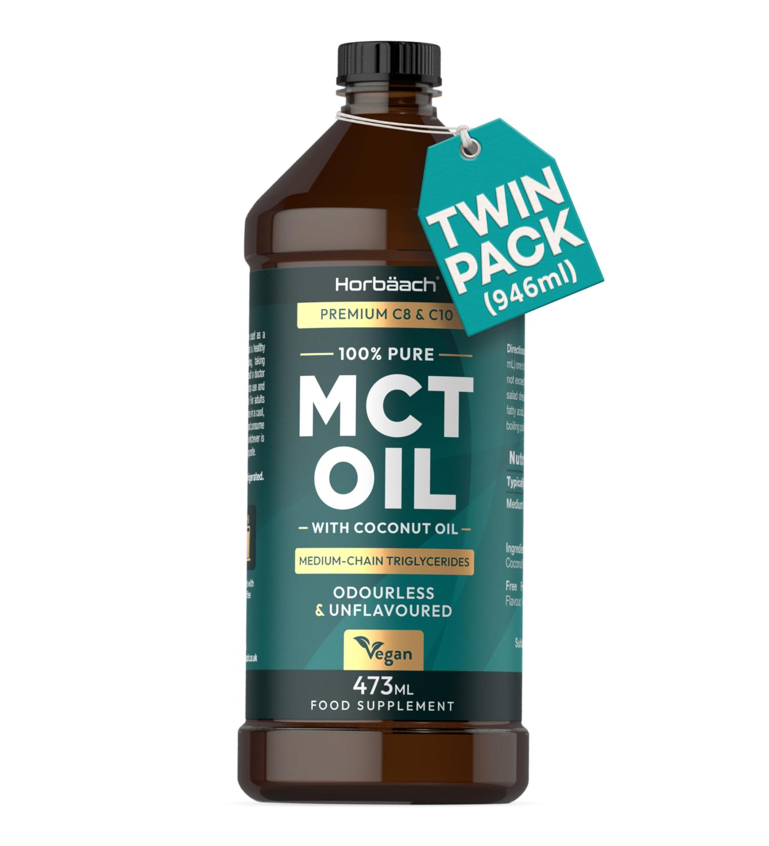 MCT Oil C8 & C10 | 2 Pack x 473ml | Premium Keto Food Supplement | with Coconut Oil | Odourless & Unflavoured | Vegetarian & Vegan Friendly | by Horbaach - Buy Online on GoSupps.com
