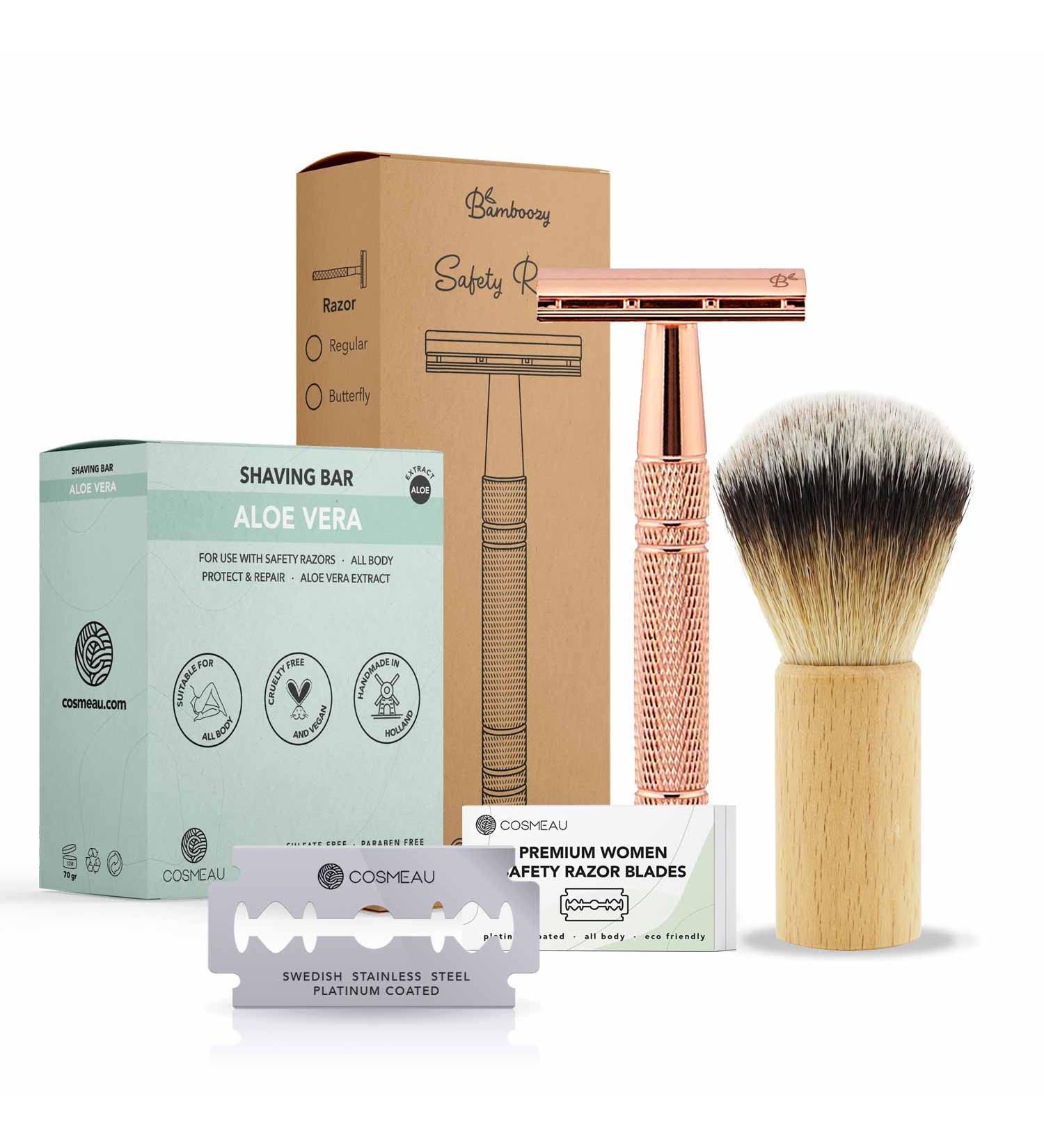 Bamboozy Safety Razor Starter Kit - Zero Waste Double Edge Wet Razor for Women - Includes Shaving Soap & 20 Blades - Eco-Friendly Rose Gold Aluminum - Buy Online on GoSupps.com