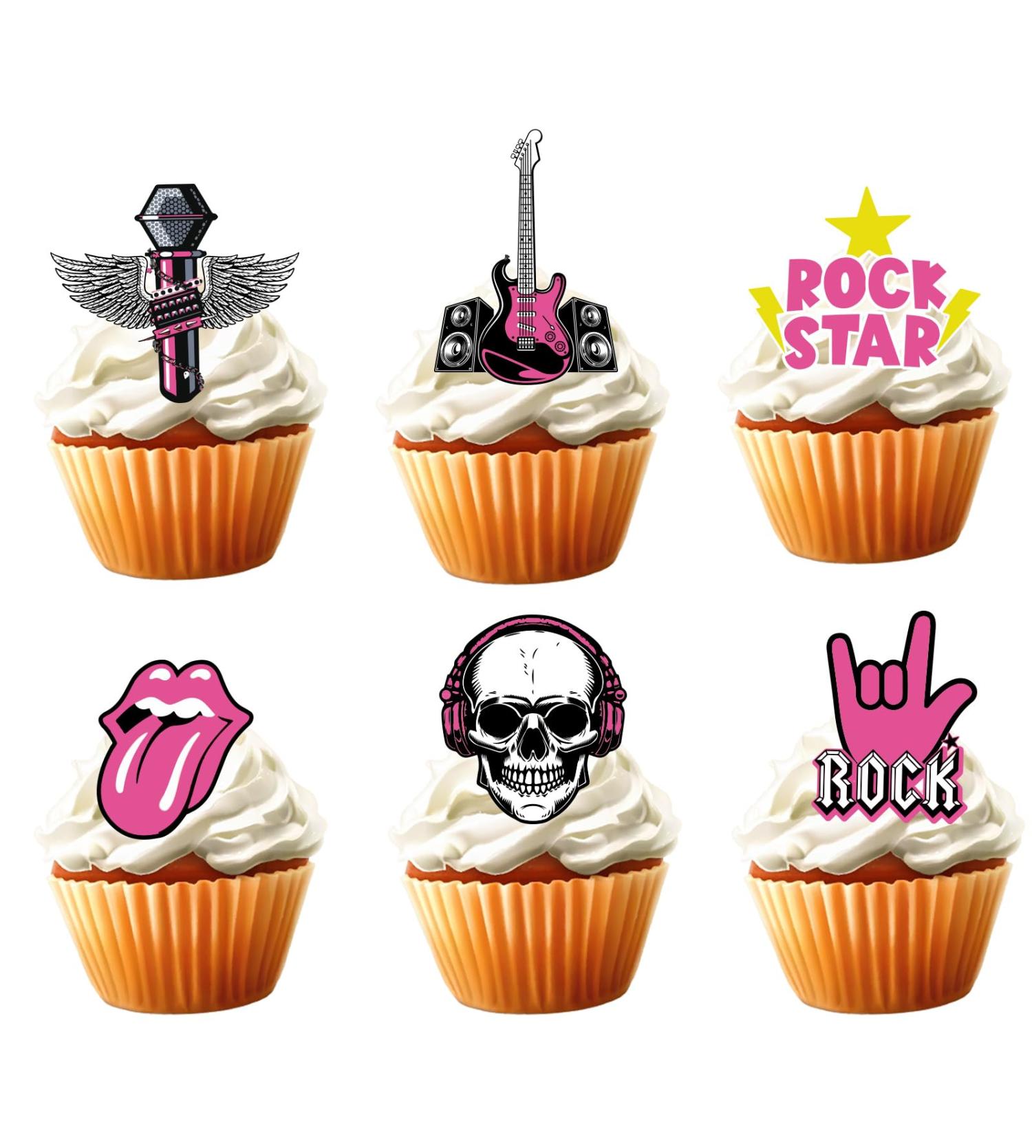 18pcs Pink Rock and Roll Cupcake Toppers for Girls Women Rock Roll Rockstar Party Decorations Supplies Guitar Microphone Music 80s Cake Decorations - Buy Online on GoSupps.com