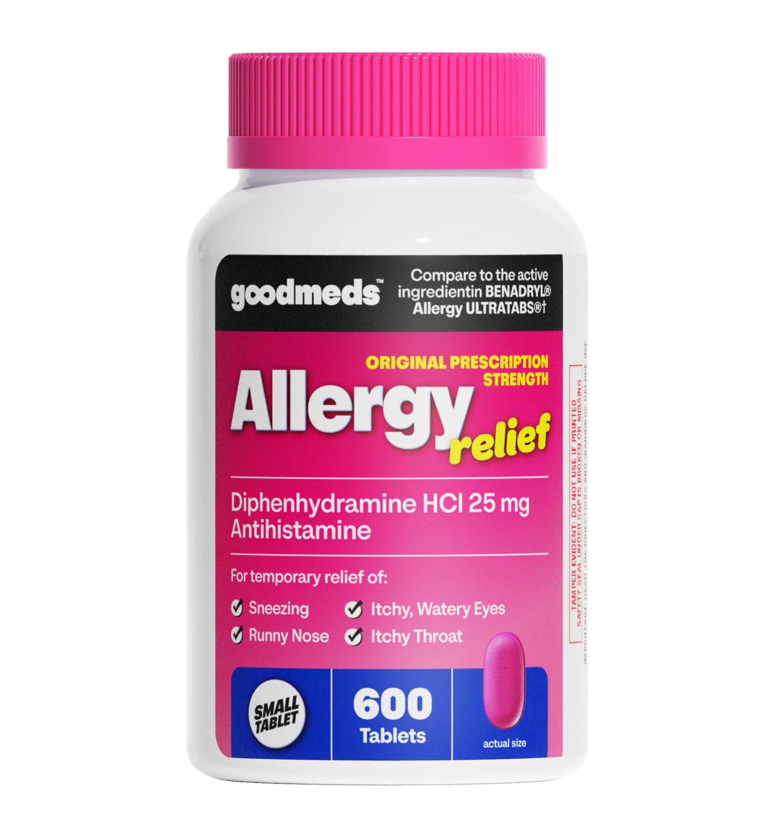GoodMeds Allergy Medicine Antihistamine Diphenhydramine HCl 25 mg | Children and Adults | Relieve Itchy Eyes Runny Nose Sneezing (25 mg 600 Tablets) - Buy Online on GoSupps.com