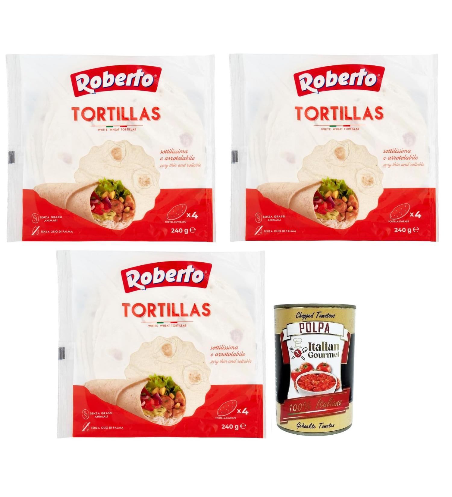  Italian Gourmet E.R. Roberto Tortillas Set of 3 - 240g - Each pack contains 4 white wheat tortillas + Italian Gourmet Polpa di Pomodoro 400g - Buy Online on GoSupps.com
