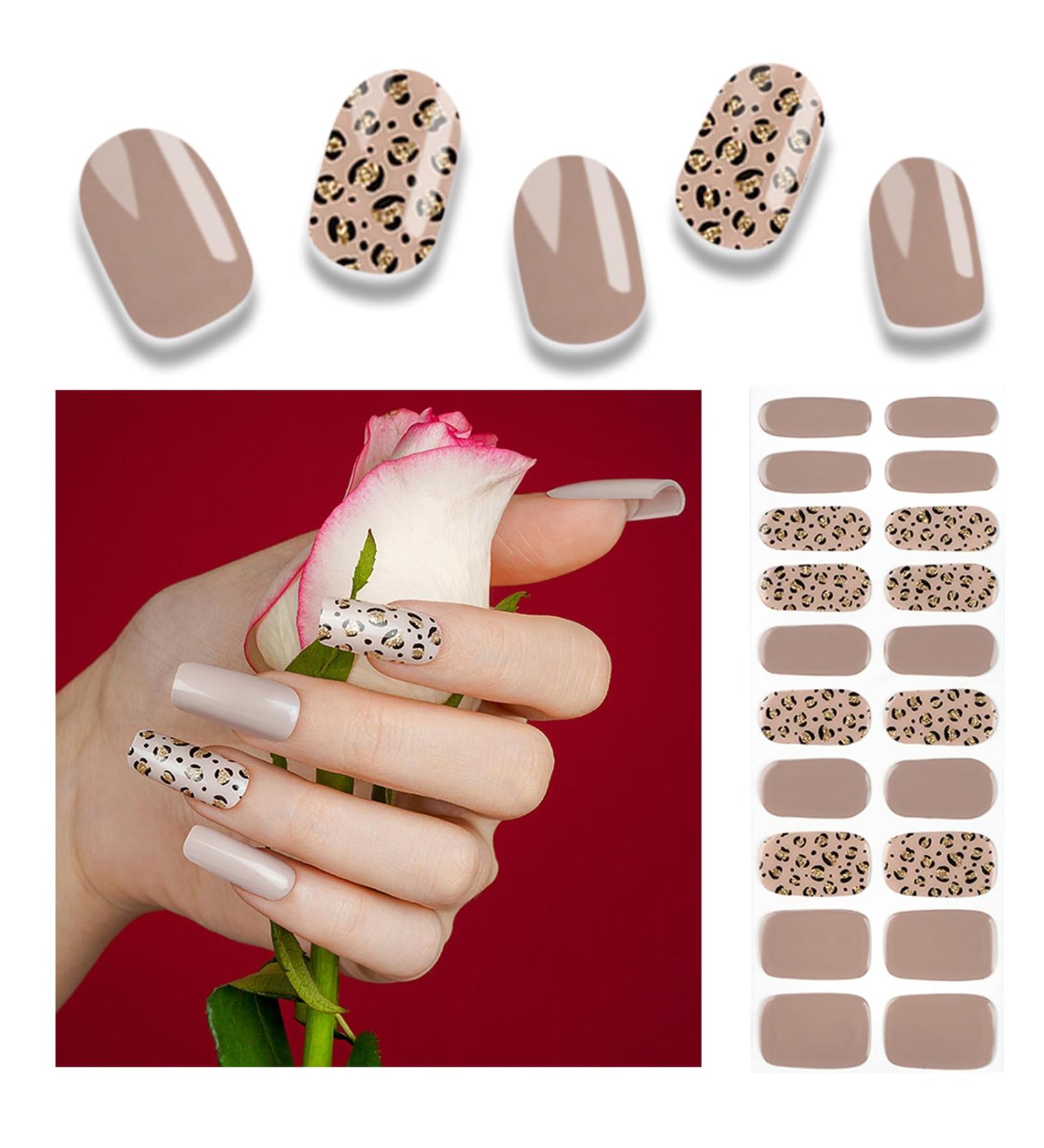 Foyute Semi Cured Gel Nail Strips 20 Pcs Soft Self-Adhesive Gel Nail Polish Wraps Sticker for Salon-Quality Manicure Set Long Lasting Easy to Apply & Remove Nail File & Wooden Stick (Leopard brown) - Buy Online on GoSupps.com