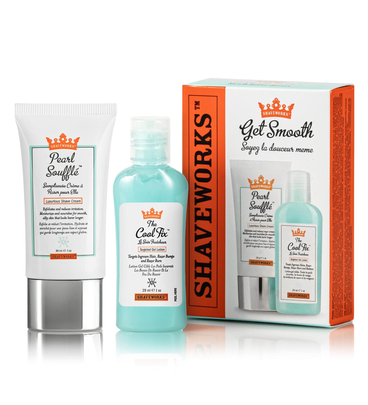 Shaveworks Get Smooth Duo: The Cool Fix 1 Fl Oz + The Pearl Souffl Shave Cream 1 Fl Oz - Post Waxing & Shaving Solution for Ingrown Hair, Razor Bumps, & Burns - Buy Online on GoSupps.com