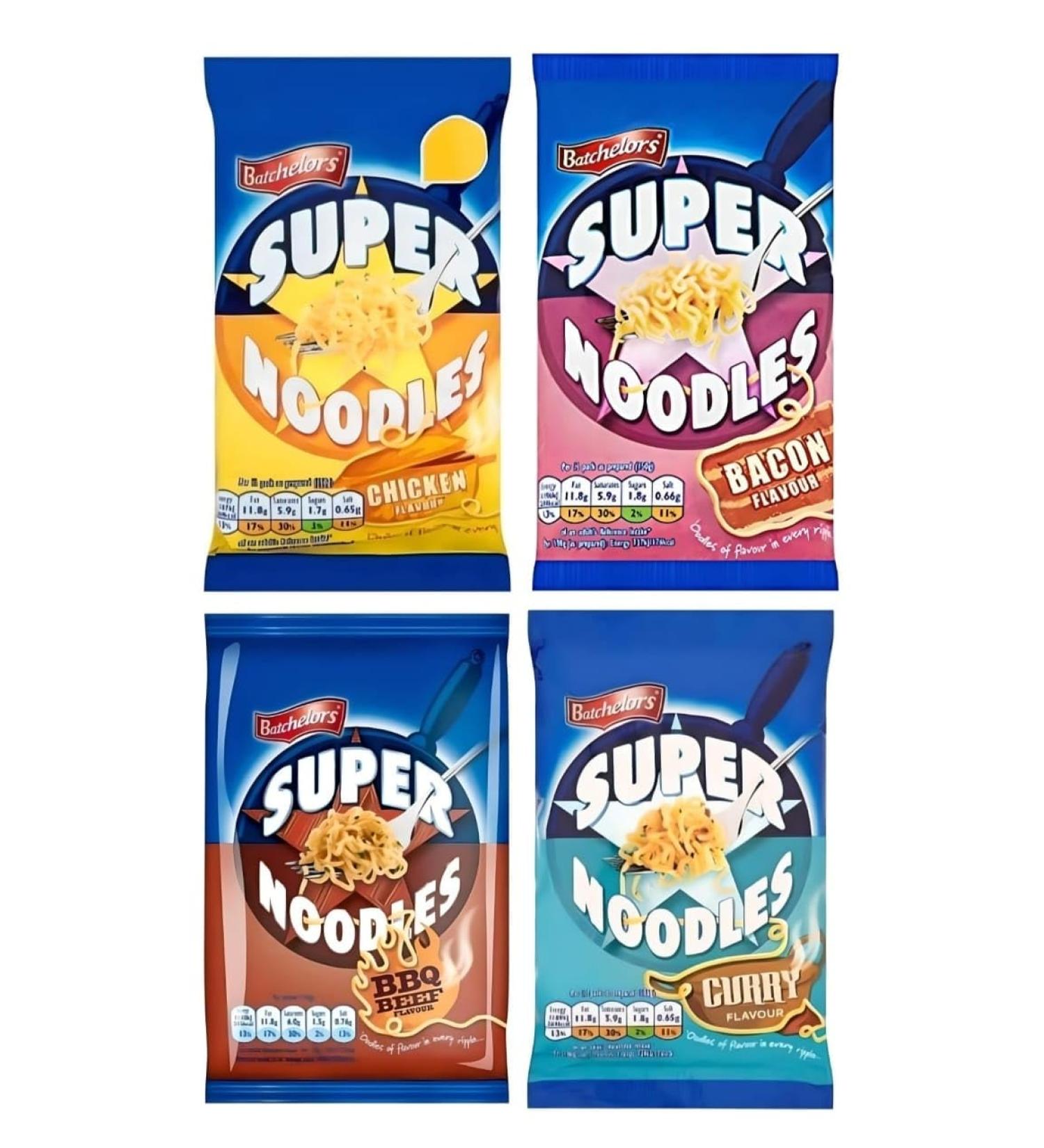 The Nation's Favourite Multipack - Batchelors Super Noodles Flavour Packet - Super Tasty Chicken Bacon Barbecue Beef Mild Curry Flavour (Pack of 4 90g) - Buy Online on GoSupps.com