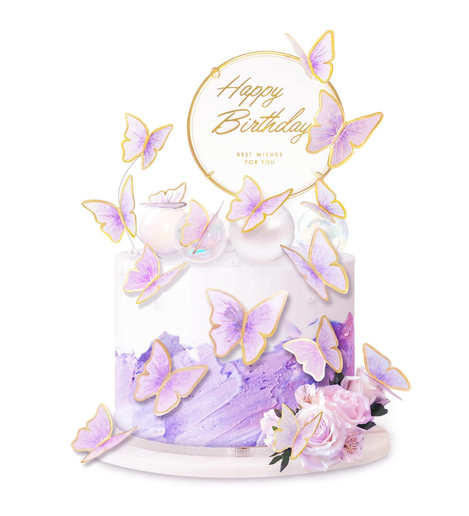 11-Piece Purple Gold Butterfly Cake Toppers | Happy Birthday Metal Cake Decorations - Buy Online on GoSupps.com