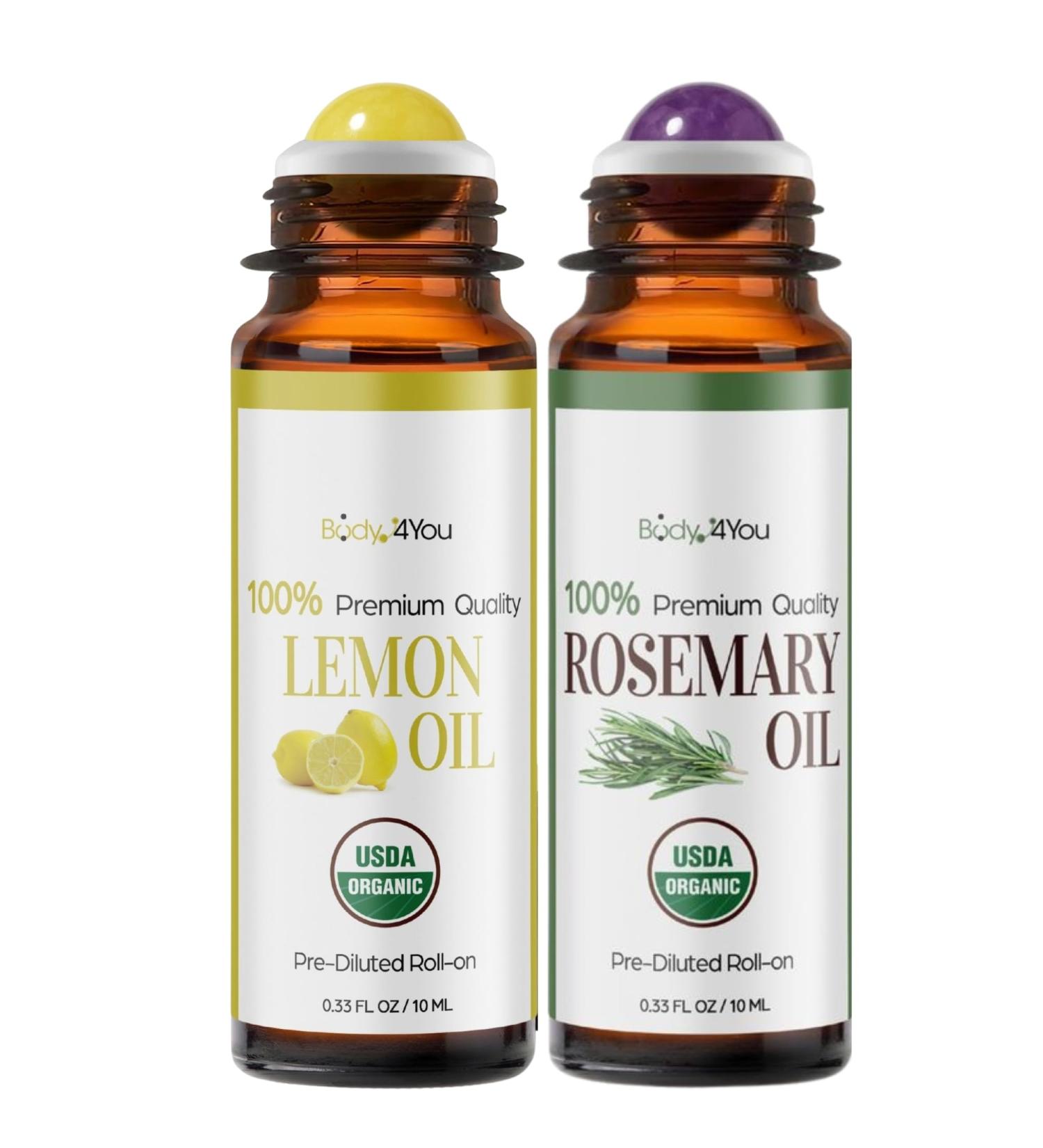 BodyJ4You Lemon + Rosemary Essential Oil Roll On Duo - Pure 100% USDA Organic MCT Coconut Oil - Natural Yellow Jade and Amethyst Stone Rollers - Uplift Focus Scalp Care Wrist Neck Temples - Amber Glas - Buy Online on GoSupps.com