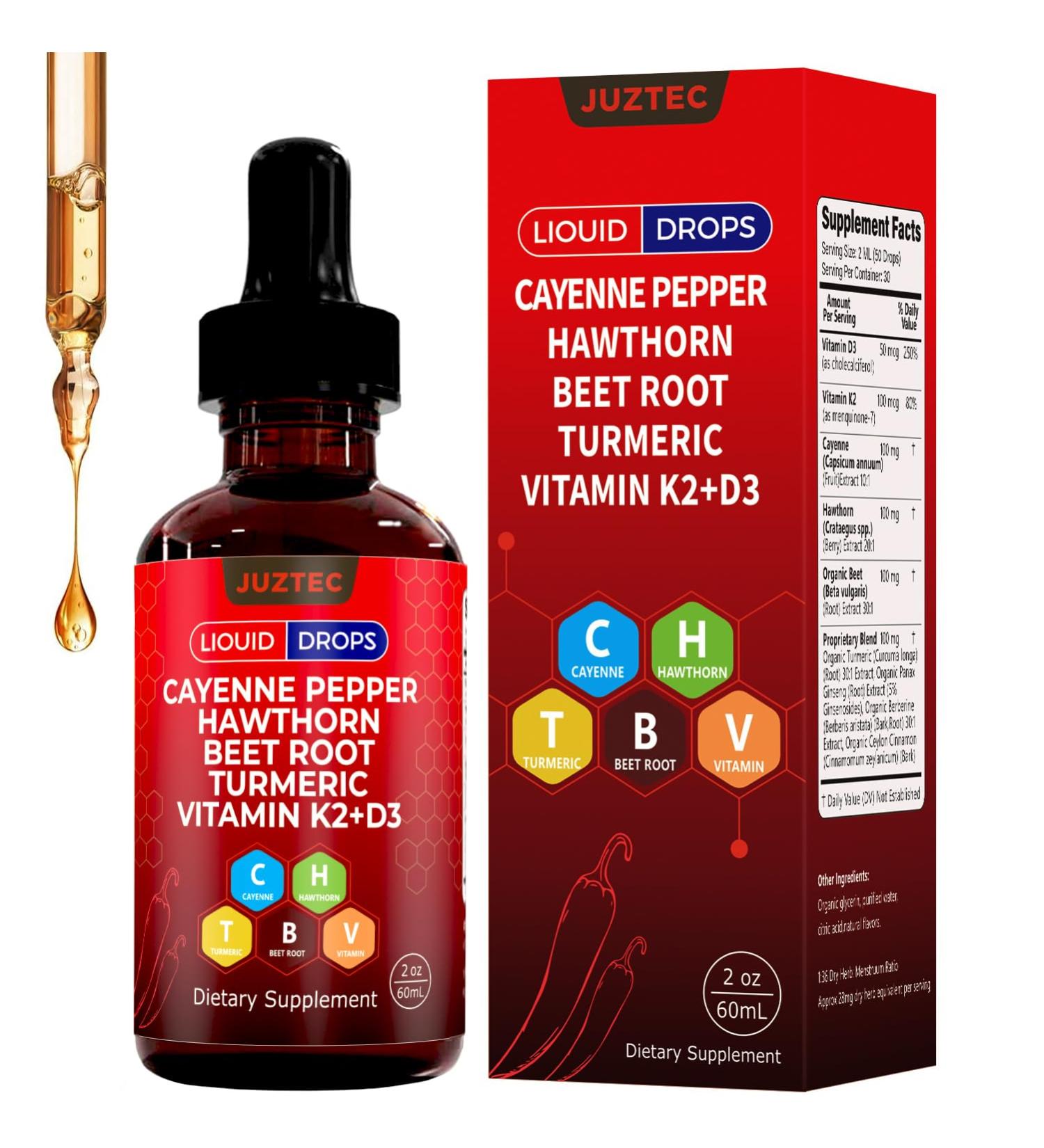 Juztec Cayenne Pepper Drops Clean Cayenne Nutra Pepper Extract with Hawthorn Beet Root 60ml Plant-Based Liquid 2 fl oz (1Pcs) - Buy Online on GoSupps.com