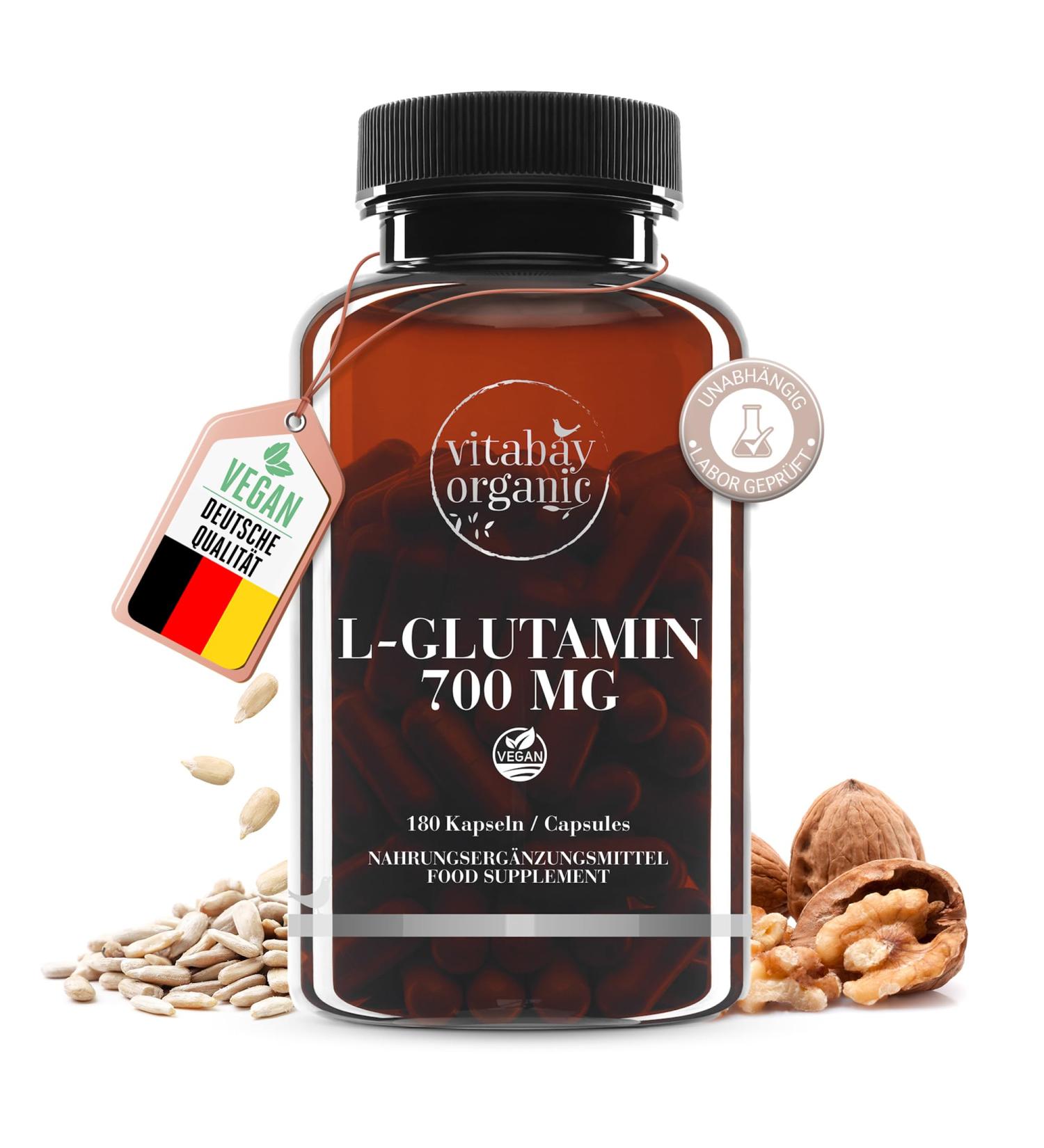 Buy Vitabay L-Glutamine Capsules 700mg - Vegan High-Dose Amino Acid Supplement - 180 Capsules for Optimal Health - Buy Online on GoSupps.com