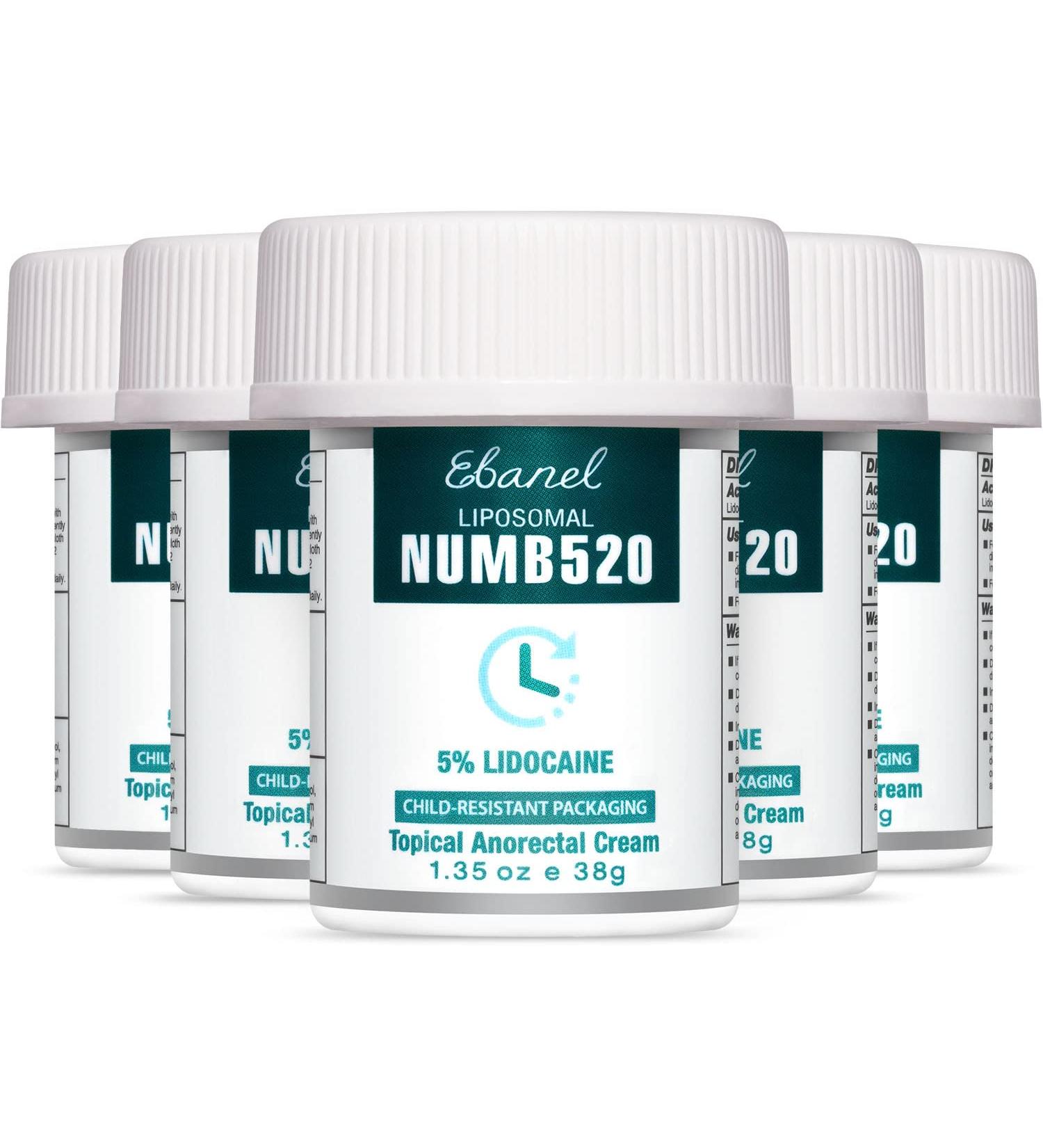 Ebanel 5% Lidocaine Numbing Cream 5-Pack for Hemorrhoid Treatment - Maximum Strength Topical Anesthetic with Aloe Vera and Vitamin E - 1.35 Oz each - Buy Online on GoSupps.com