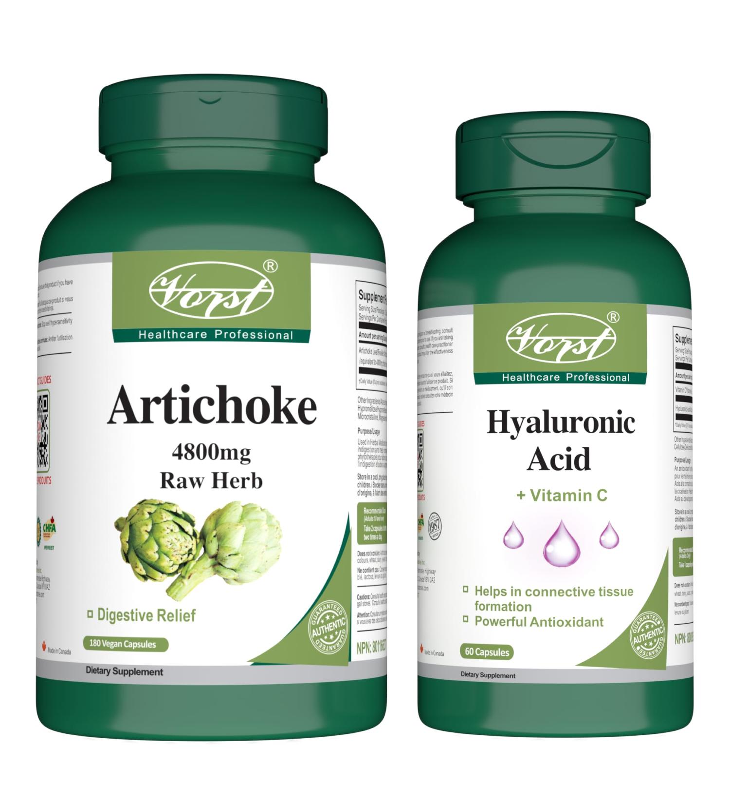 VORST Artichoke 180 Vegan Capsules and Hyaluronic Acid with Vitamin C 60 Capsules (Combo Bundle 2 Bottles) - Buy Online on GoSupps.com