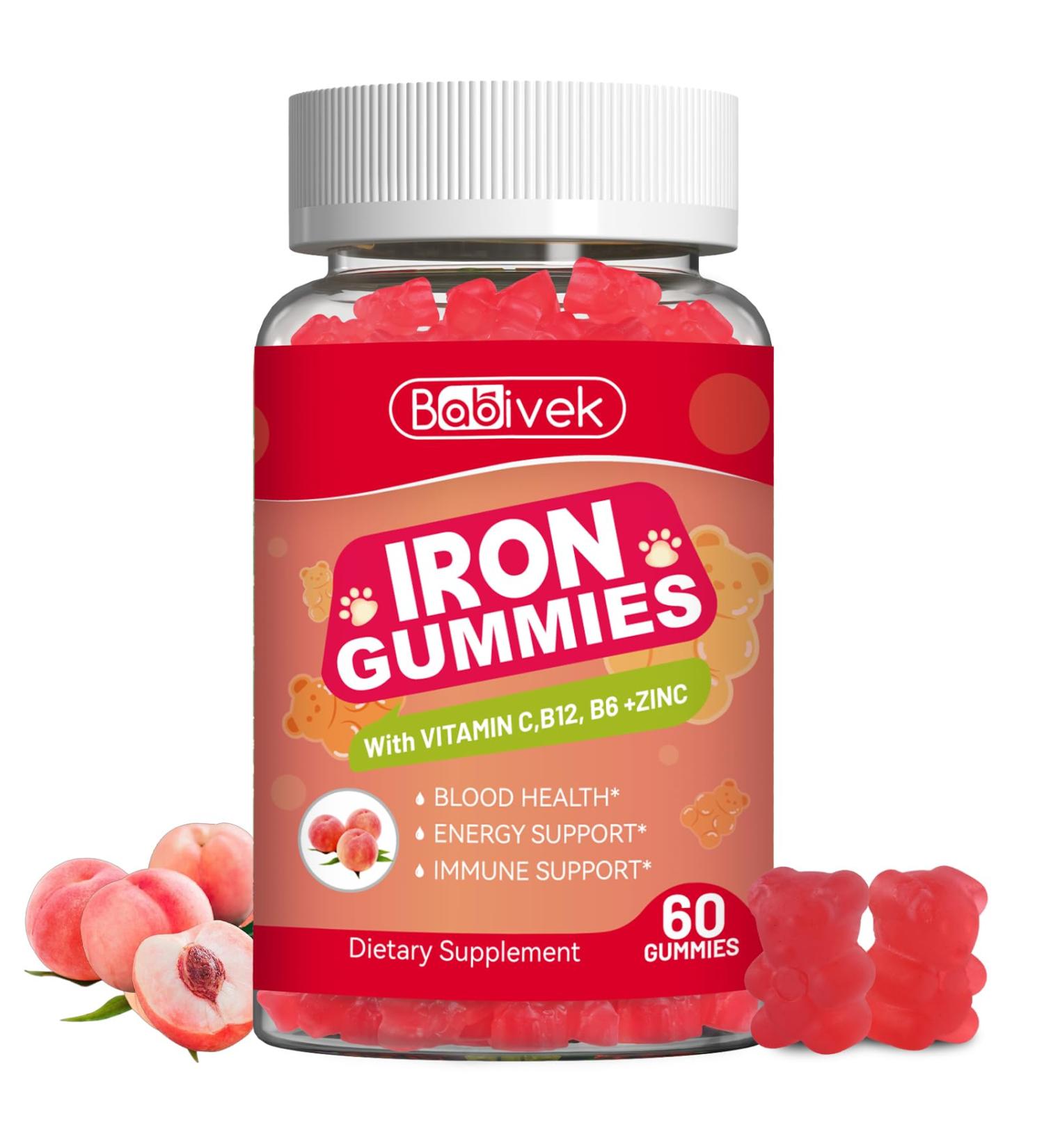 Iron Supplement Gummies for Women & Men - Iron Gummies with Folate Vitamin C B12 B6 Zinc Peach Flavor Vegan 60 Gummies - Buy Online on GoSupps.com