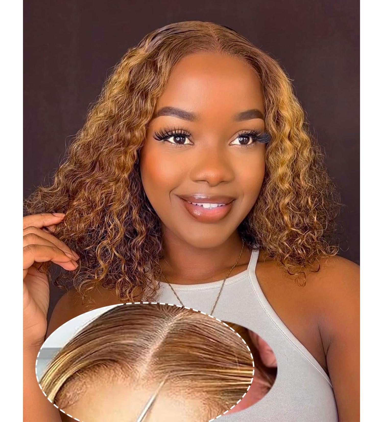 Shop Highlight Wear and Go Glueless Human Hair Wigs | 12 Inch Deep Wave Bob Wig - Honey Blonde 180% Density HD Lace - Pre Plucked & Pre Cut - Buy Online on GoSupps.com