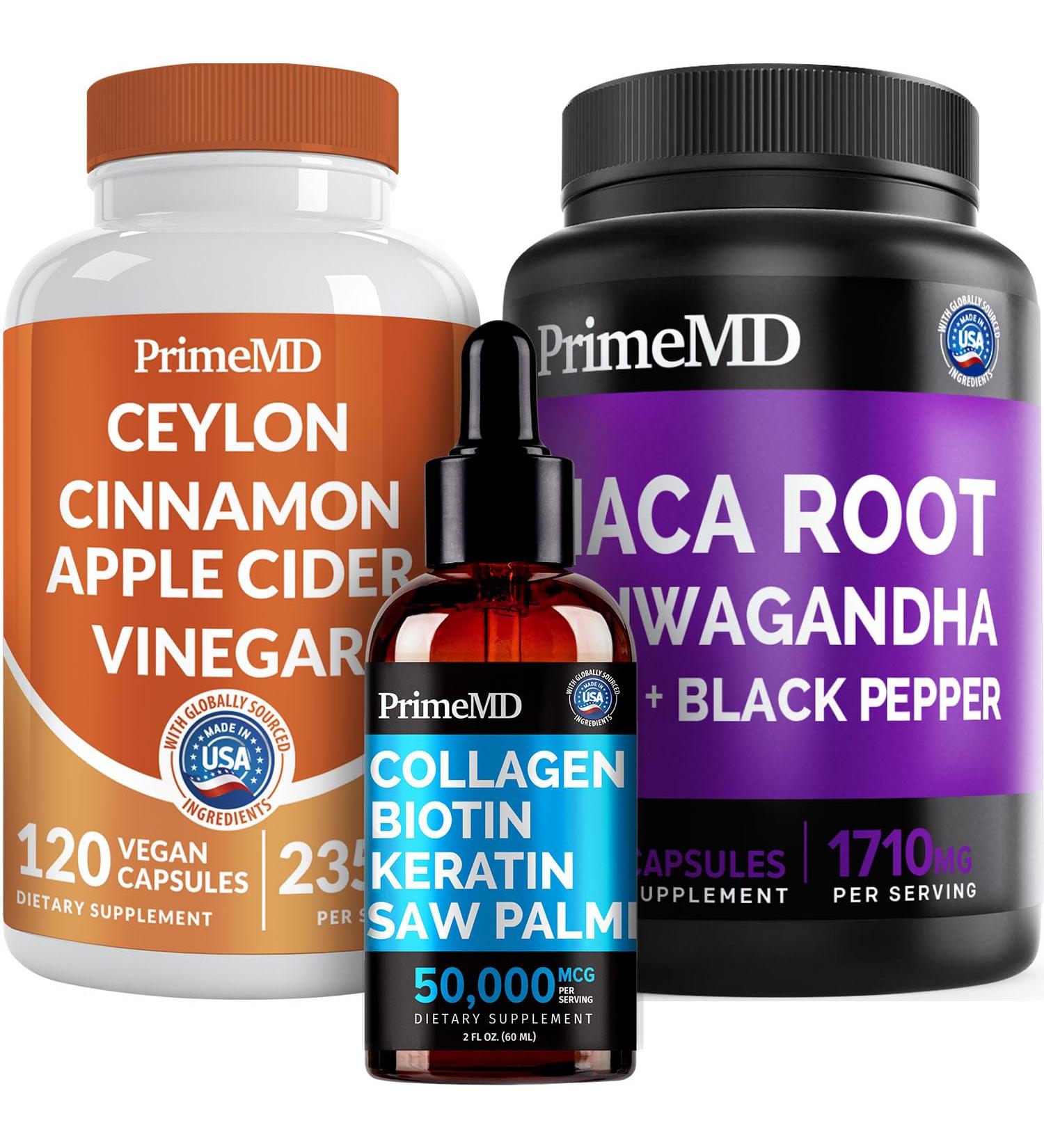 5-in-1 Ceylon Cinnamon (120ct) 4-in-1 Biotin Collagen Keratin Saw Palmetto (2 fl oz - 1 Pack) & 6-in-1 Maca Root Ashwagandha (120ct) Bundle - Energy Mood Hair Skin & Immune Support Supplement - Buy Online on GoSupps.com