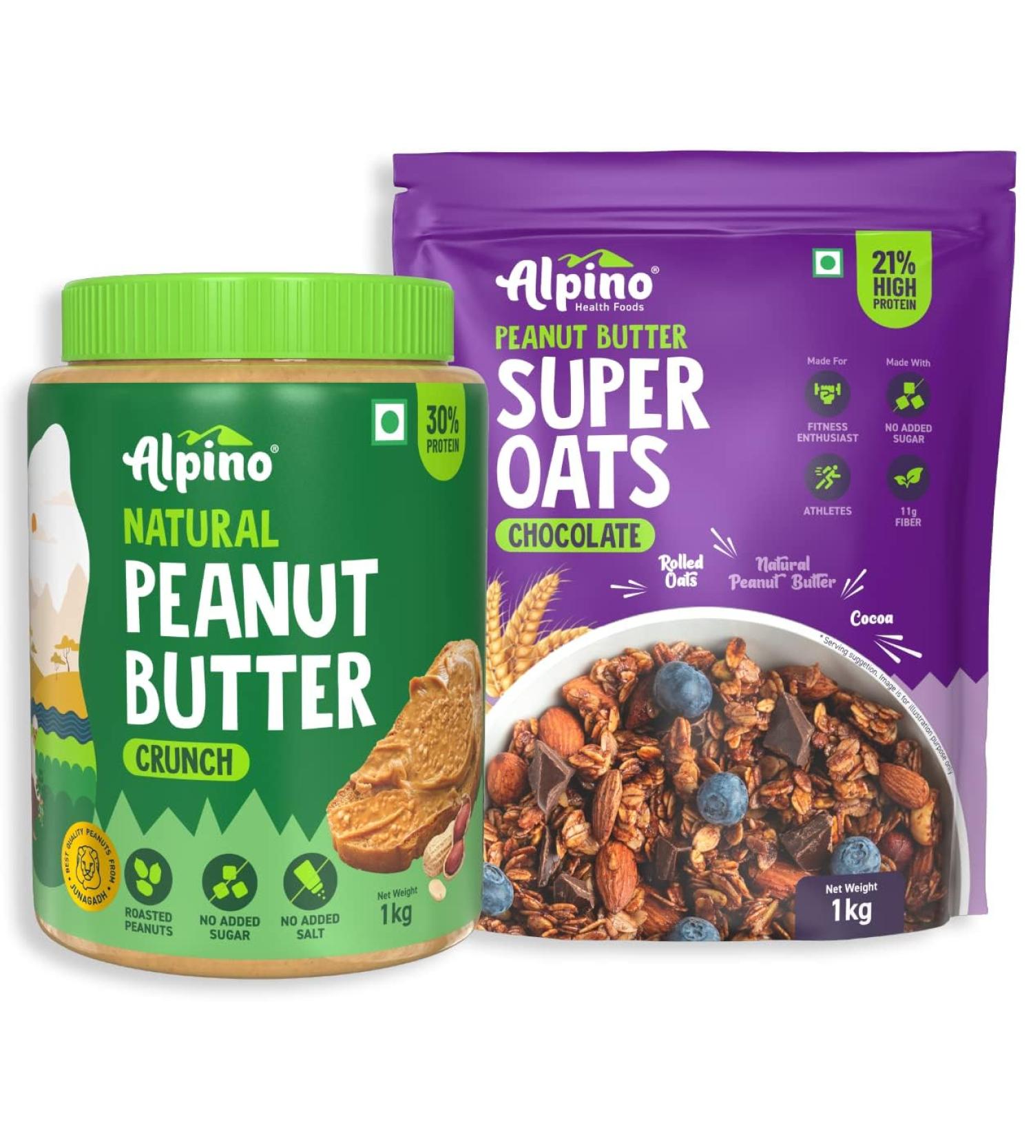 Alpi no Pre-Workout High Protein & Fiber Diet Super Combo - High Protein Super Oats Chocolate 1kg Natural Peanut Butter Crunch 1kg - Buy Online on GoSupps.com