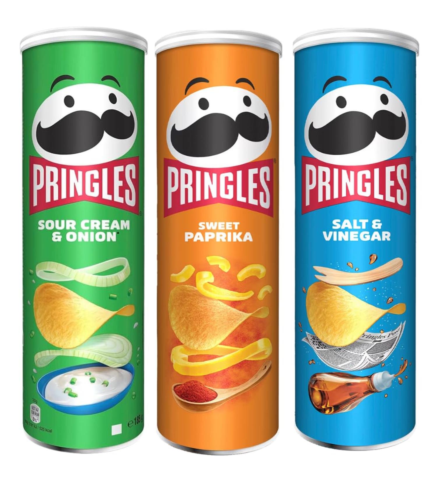 Sour Cream & Onion Sharing Crisps 185g with Paprika Sharing Crisps 185g and Salt & Vinegar Sharing Crisps 185g - Bundle Consisting of Pringles x3 Packs - Buy Online on GoSupps.com